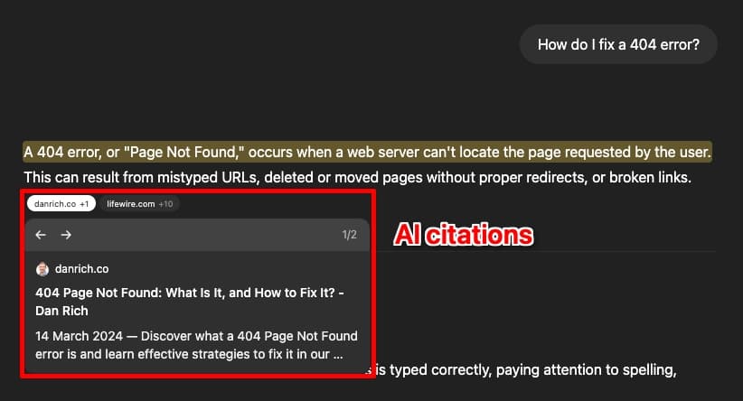 ChatGPT AI citation example showing a 404 error question with AI citations highlighted in red boxes