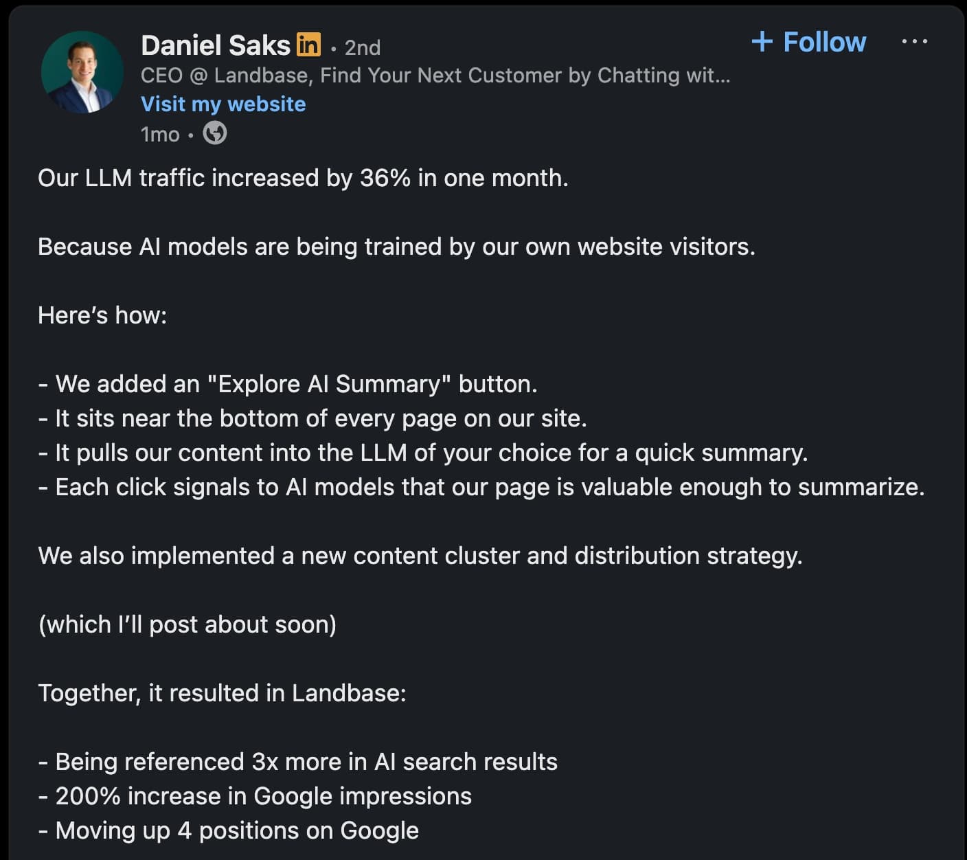 Daniel Saks LinkedIn post about 36% LLM traffic increase from AI share buttons