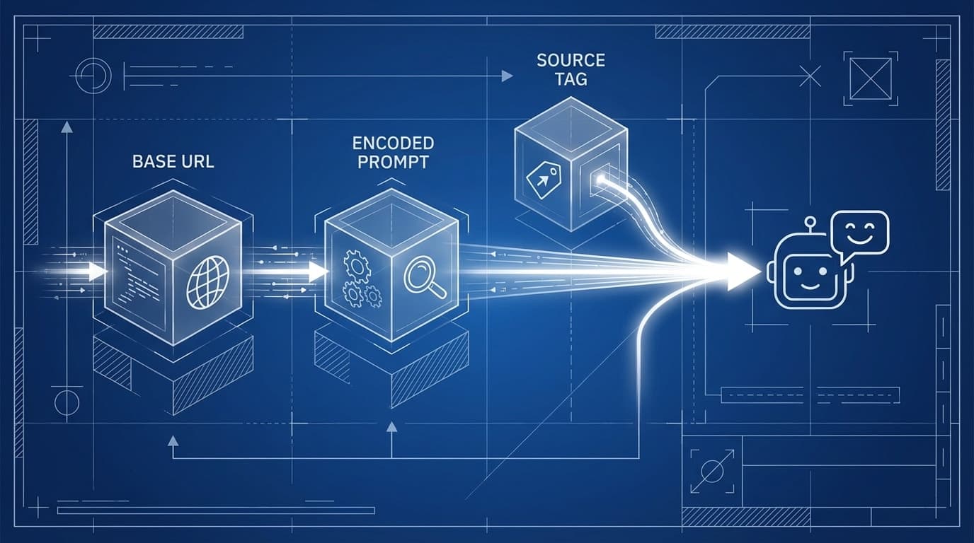 Blueprint showing how AI share buttons work: Base URL + Encoded Prompt + Source Tag = AI Bot interaction