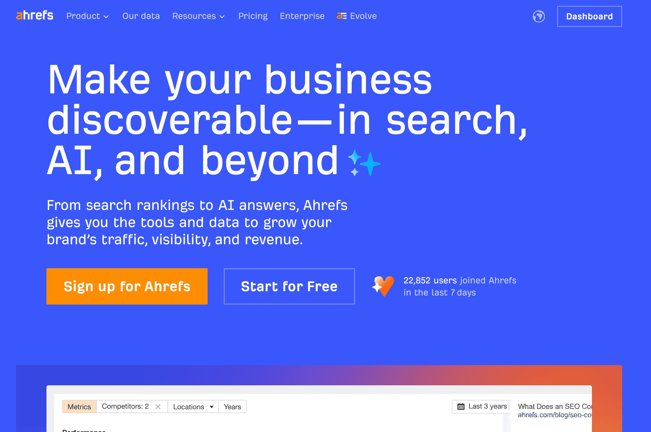 Ahrefs dashboard with Brand Radar, keywords, and AI marketing features