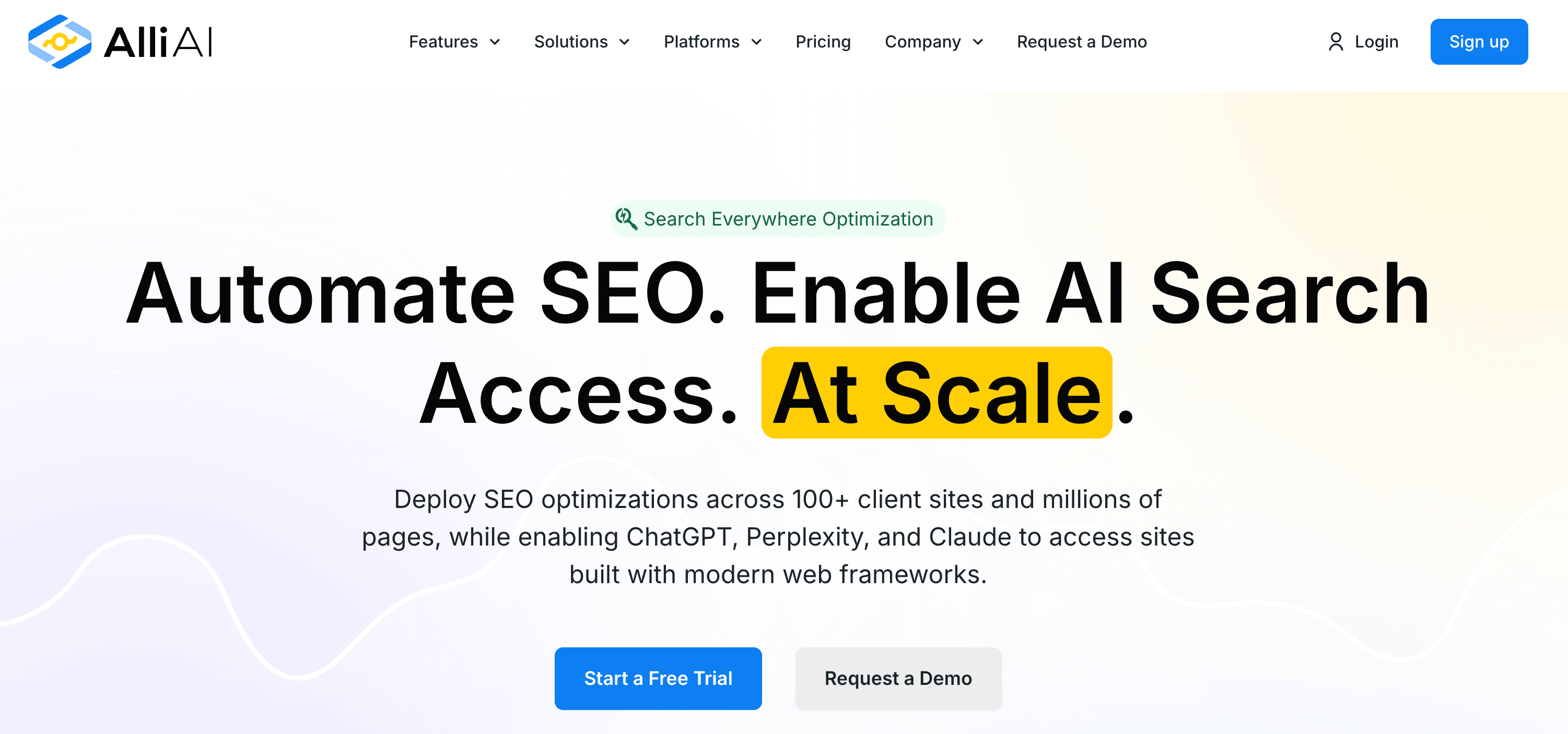 Alli AI dashboard for bulk on-page SEO rules and AI crawler enablement across sites