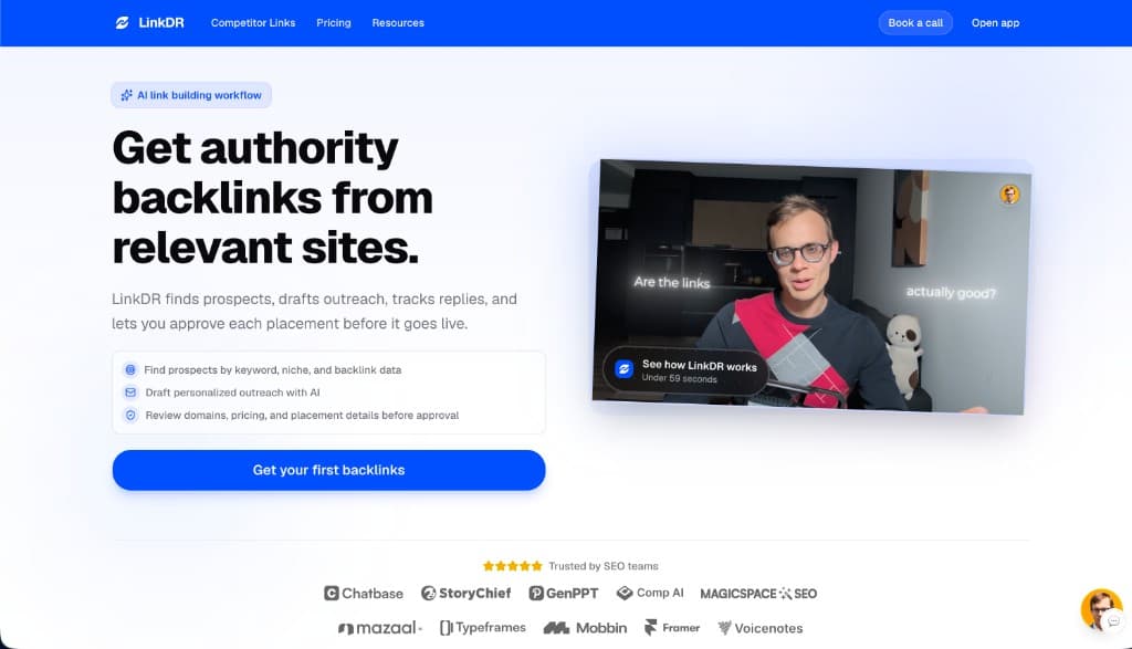 LinkDR homepage: AI link building workflow for authority backlinks from relevant sites