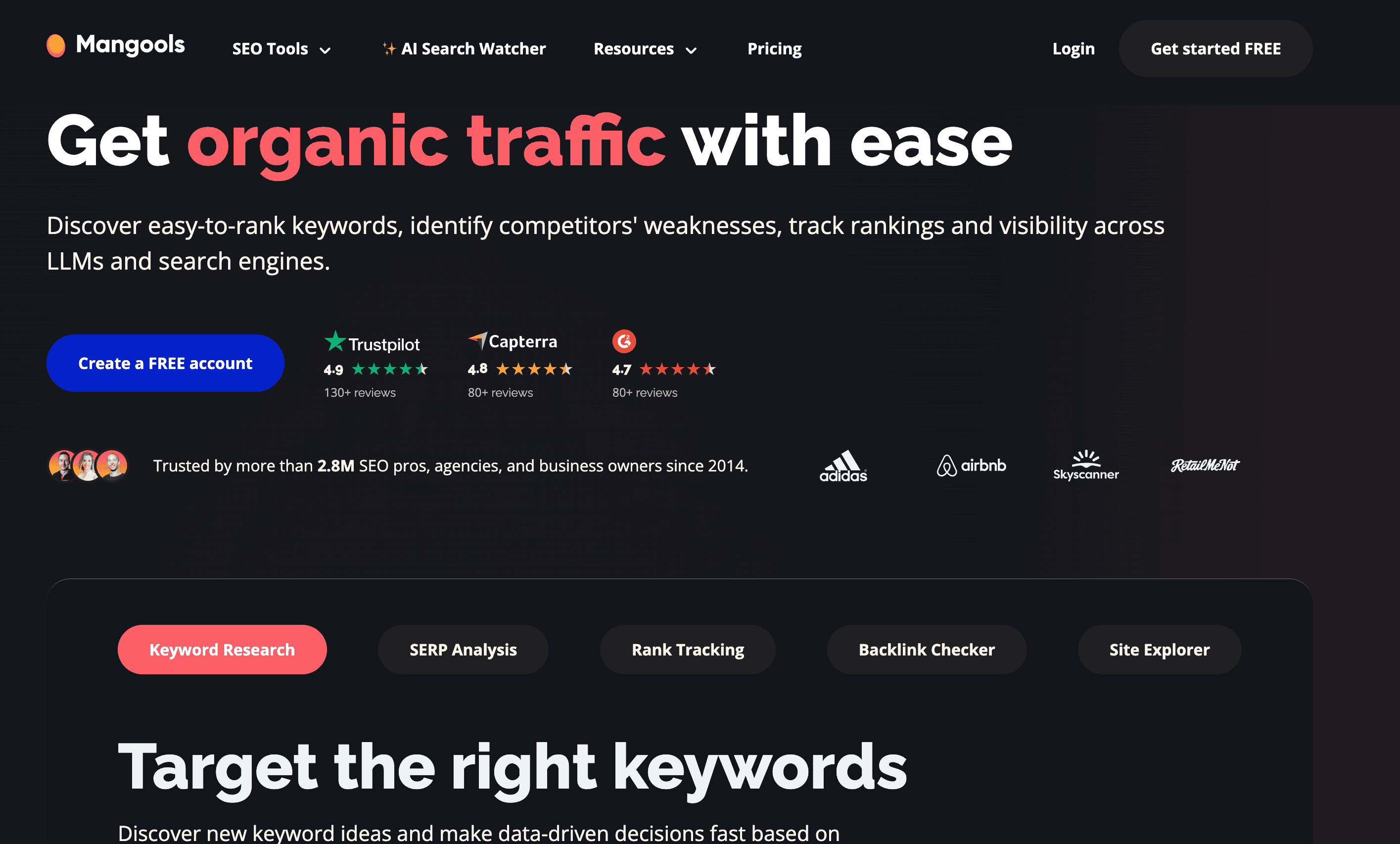 Mangools suite with KWFinder and AI Search Watcher visibility metrics