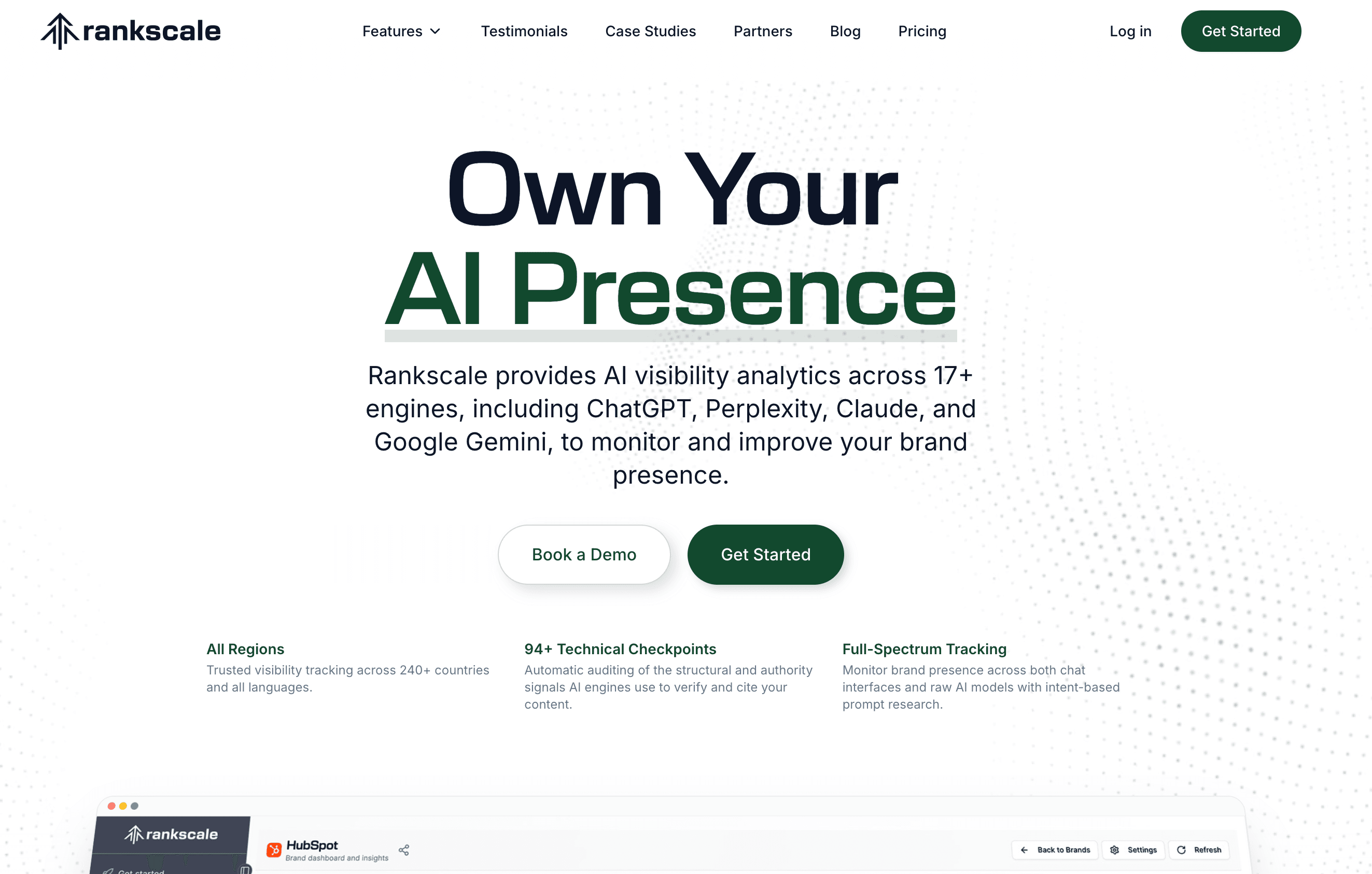 Rankscale.ai interface for multi-LLM AI visibility tracking with credits and model coverage