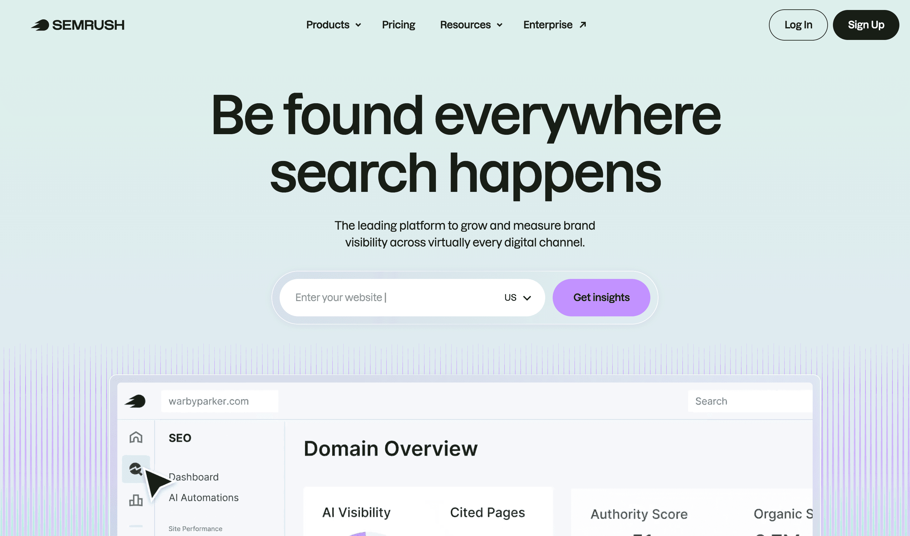 Semrush workspace showing SEO projects, AI visibility, and keyword analytics