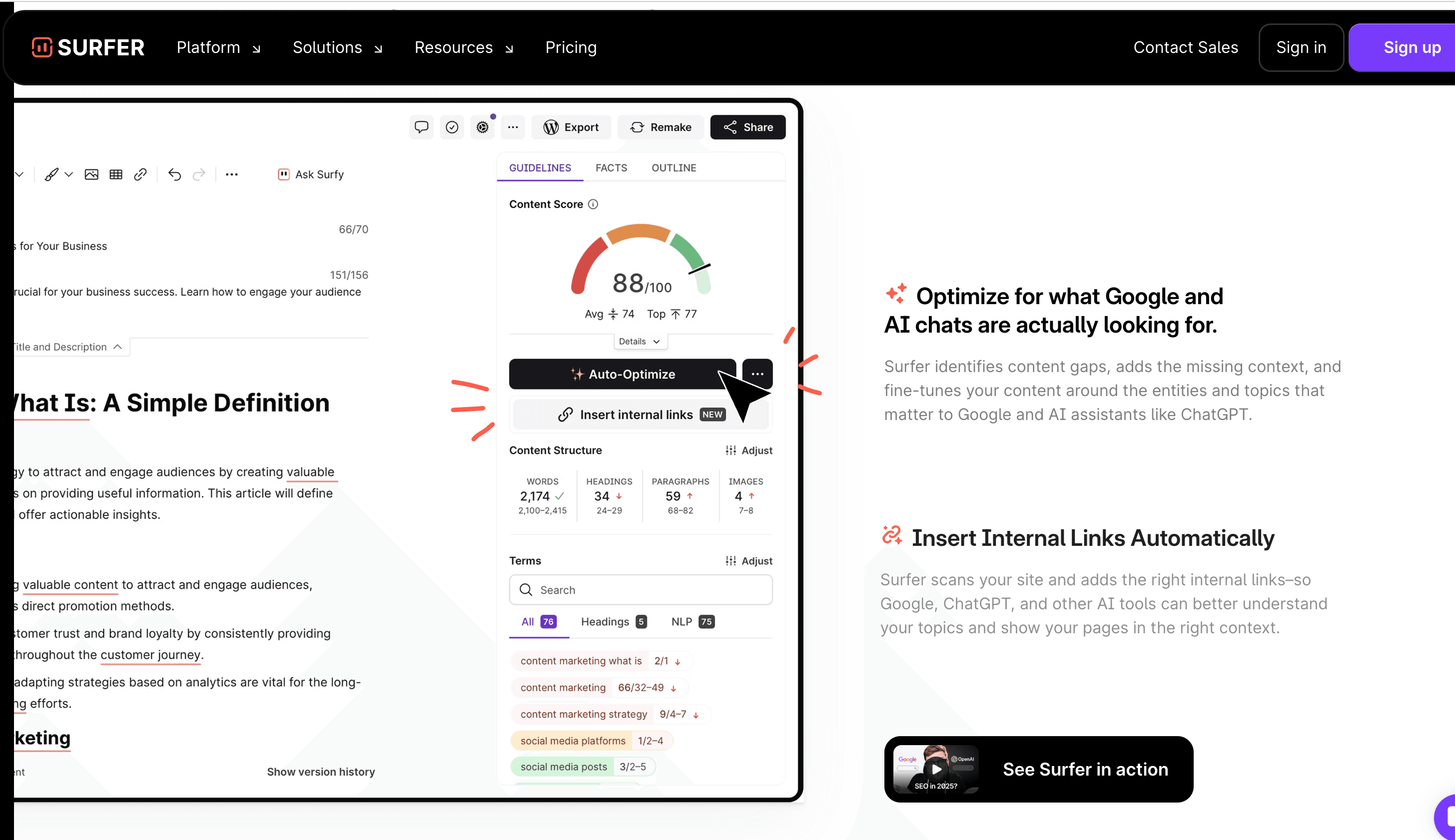 Surfer SEO Content Editor with live content score and optimization suggestions