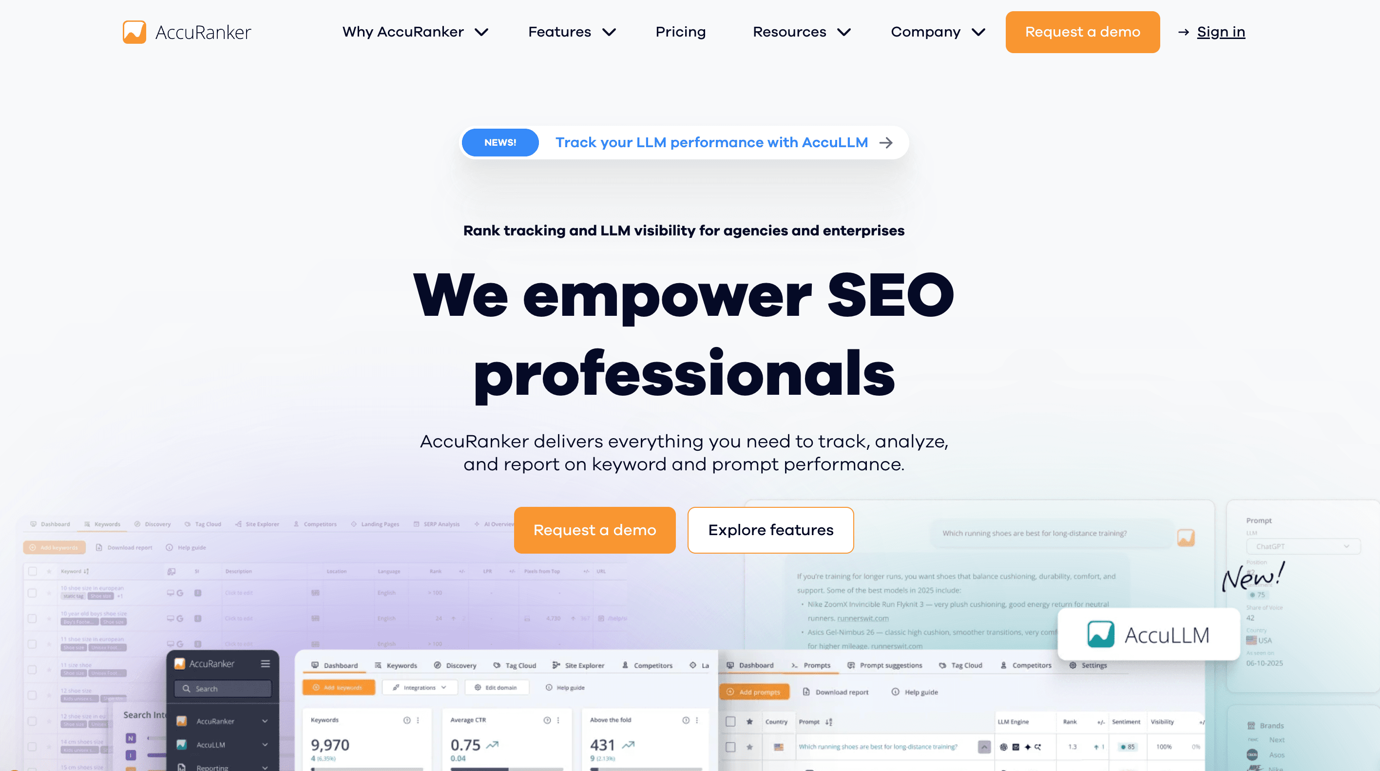 AccuRanker dashboard with on-demand keyword refreshes and AccuLLM AI search tracking