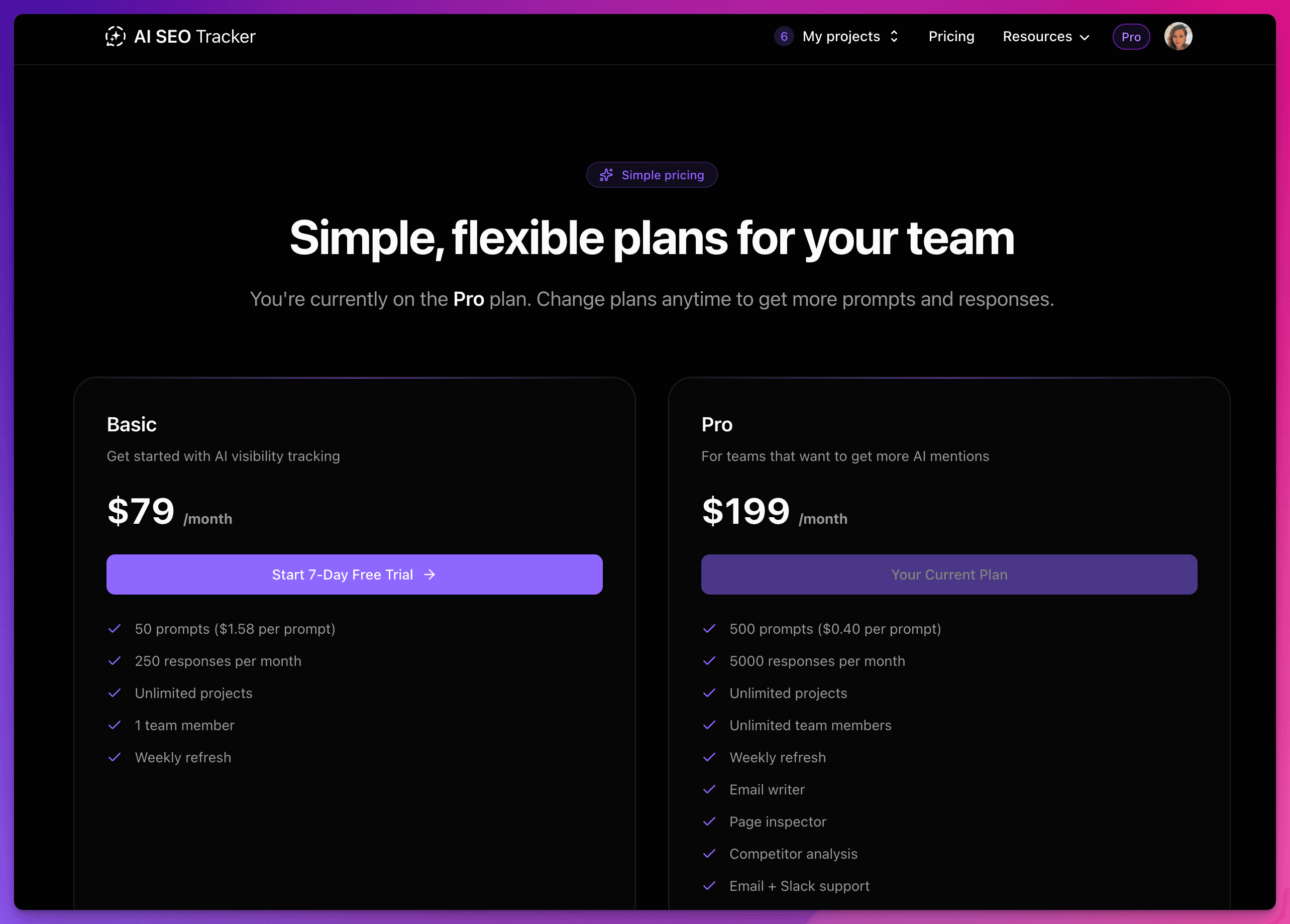 AI SEO Tracker pricing plans for Basic and Pro with prompt limits and feature comparison