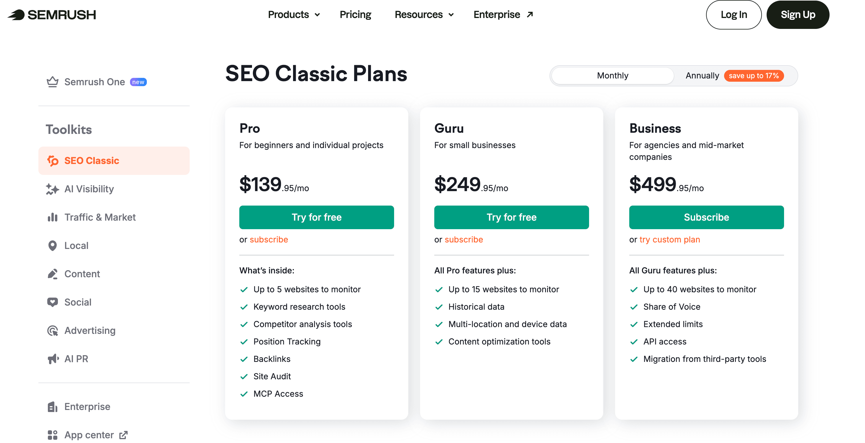 Semrush pricing tiers for Pro, Guru, and Business plans with keyword limits