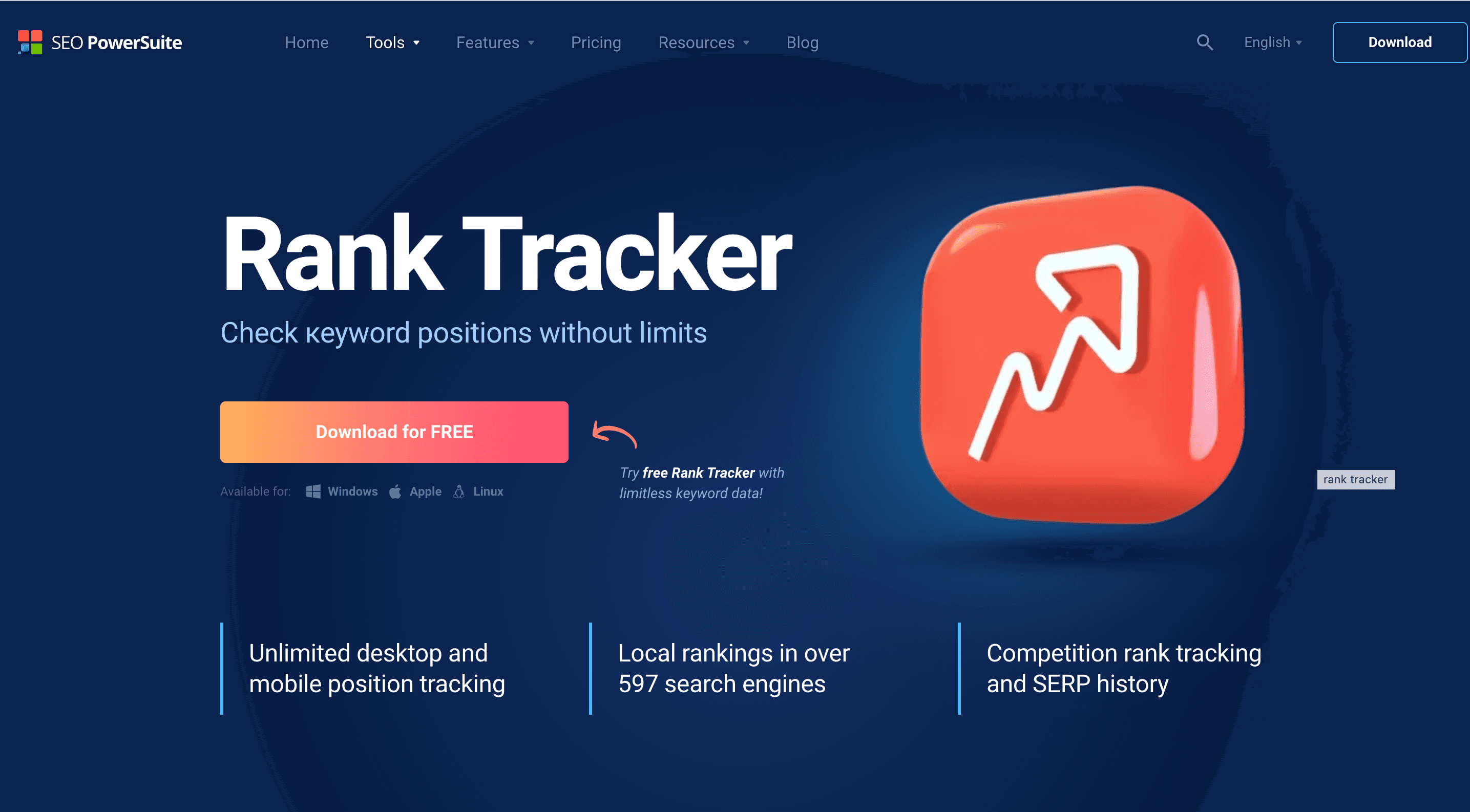 SEO PowerSuite Rank Tracker desktop app with unlimited keyword tracking across 597 search engines