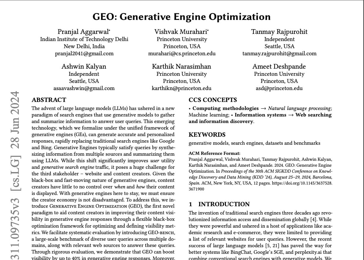 Screenshot of the Princeton research paper 'GEO: Generative Engine Optimization' showing the abstract, authors, and introduction, which details how large language models generate answers and the importance of optimizing for AI-driven search.