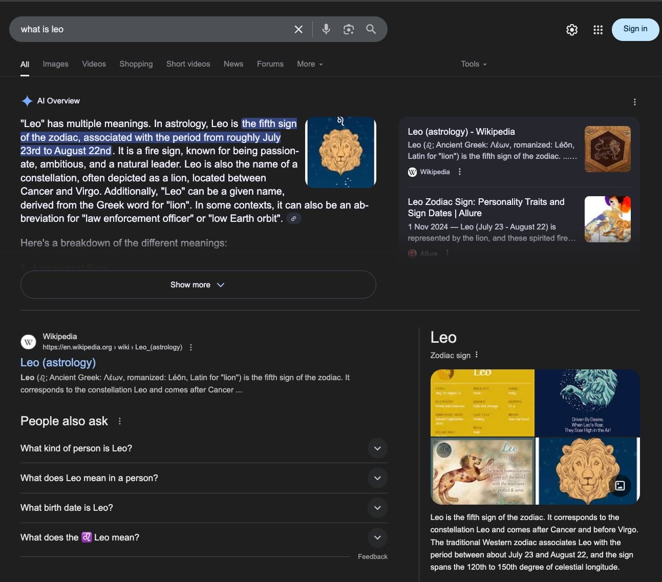 Google search results for 'what is leo' showing astrology results, not SEO