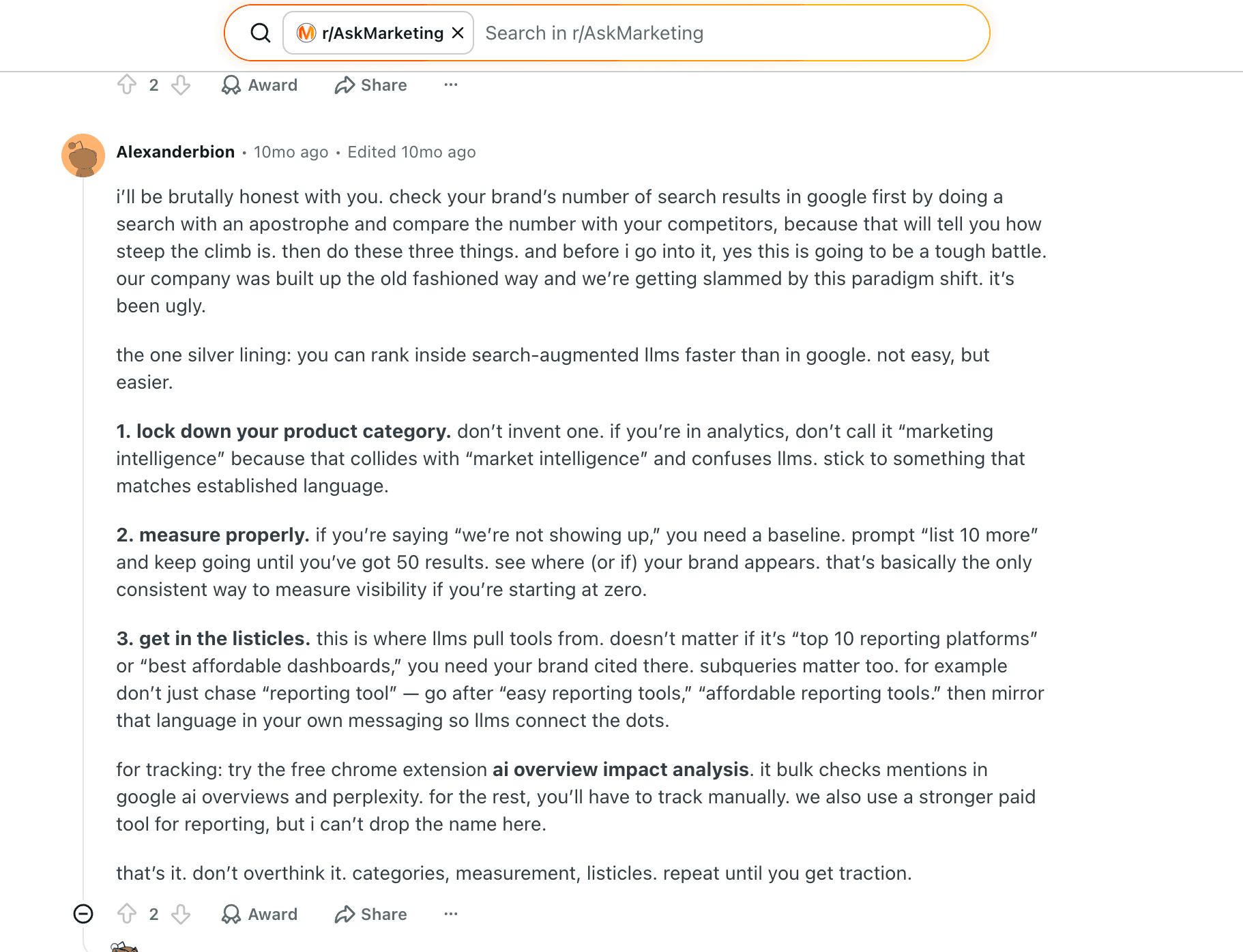 Reddit r/AskMarketing comment advising marketers to lock down their product category, measure LLM visibility, and get cited in listicles for AI search