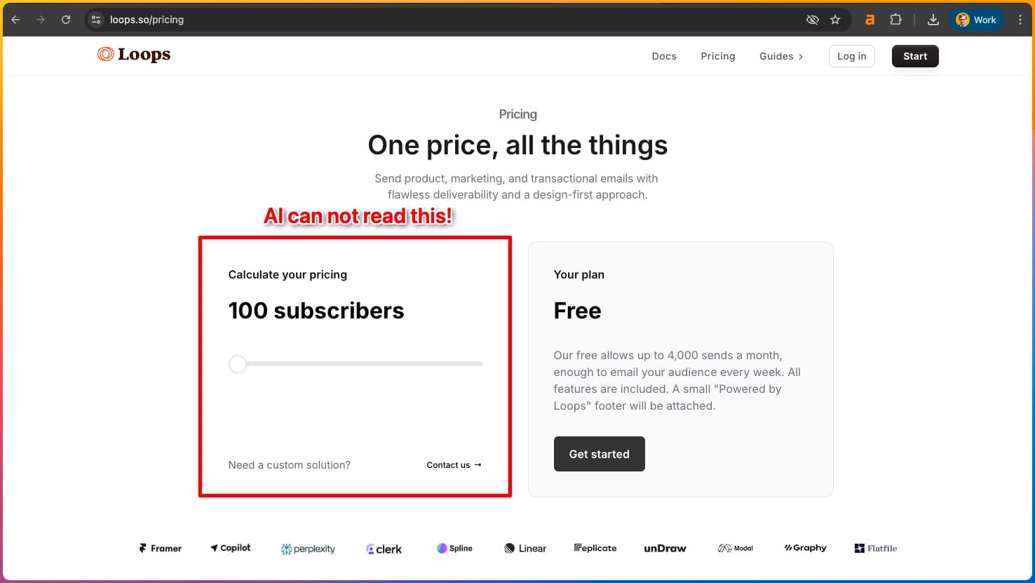 Loops.so pricing page showing a dynamic pricing slider that AI cannot read, with a red box highlighting the interactive pricing calculator