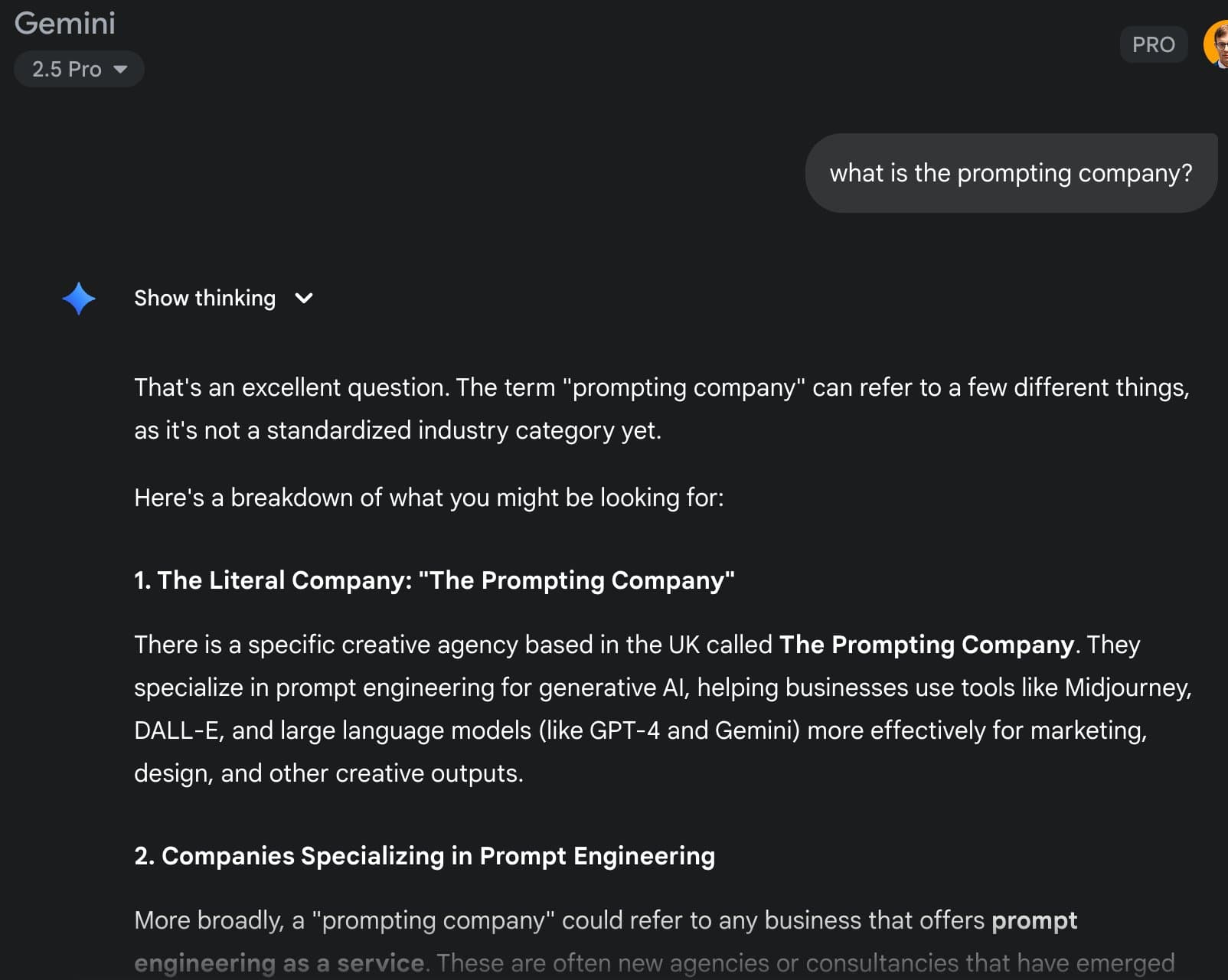 Google Gemini response showing it found a UK creative agency called The Prompting Company specializing in prompt engineering for generative AI like Midjourney, DALL-E, and large language models, but not the YC-backed AI visibility startup