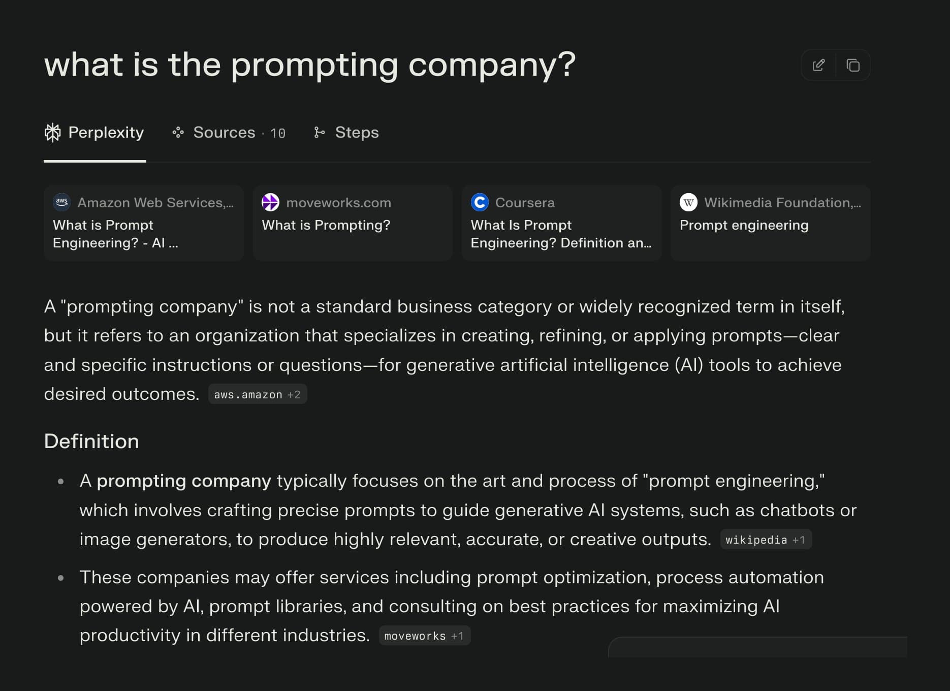 Perplexity search results showing generic information about 'prompting companies' as a category but no specific information about The Prompting Company itself, with definitions and Wikipedia citations about prompt engineering