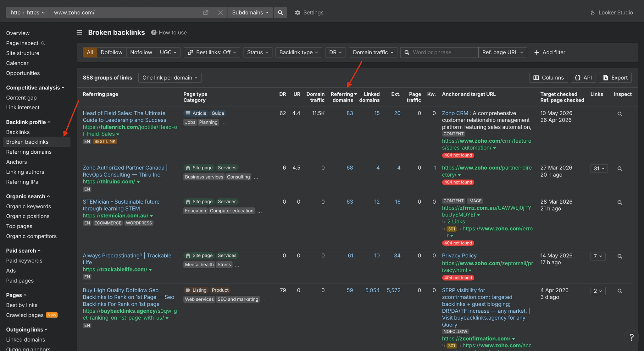 Broken backlink report showing dead competitor pages with active referring domains