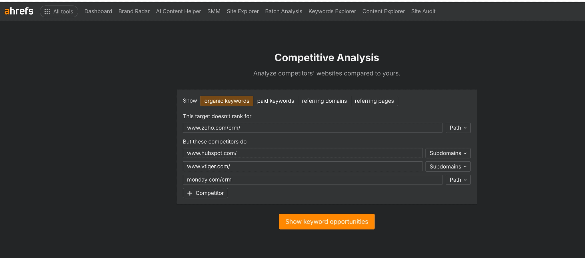 Keyword gap report comparing your domain against three SEO competitors