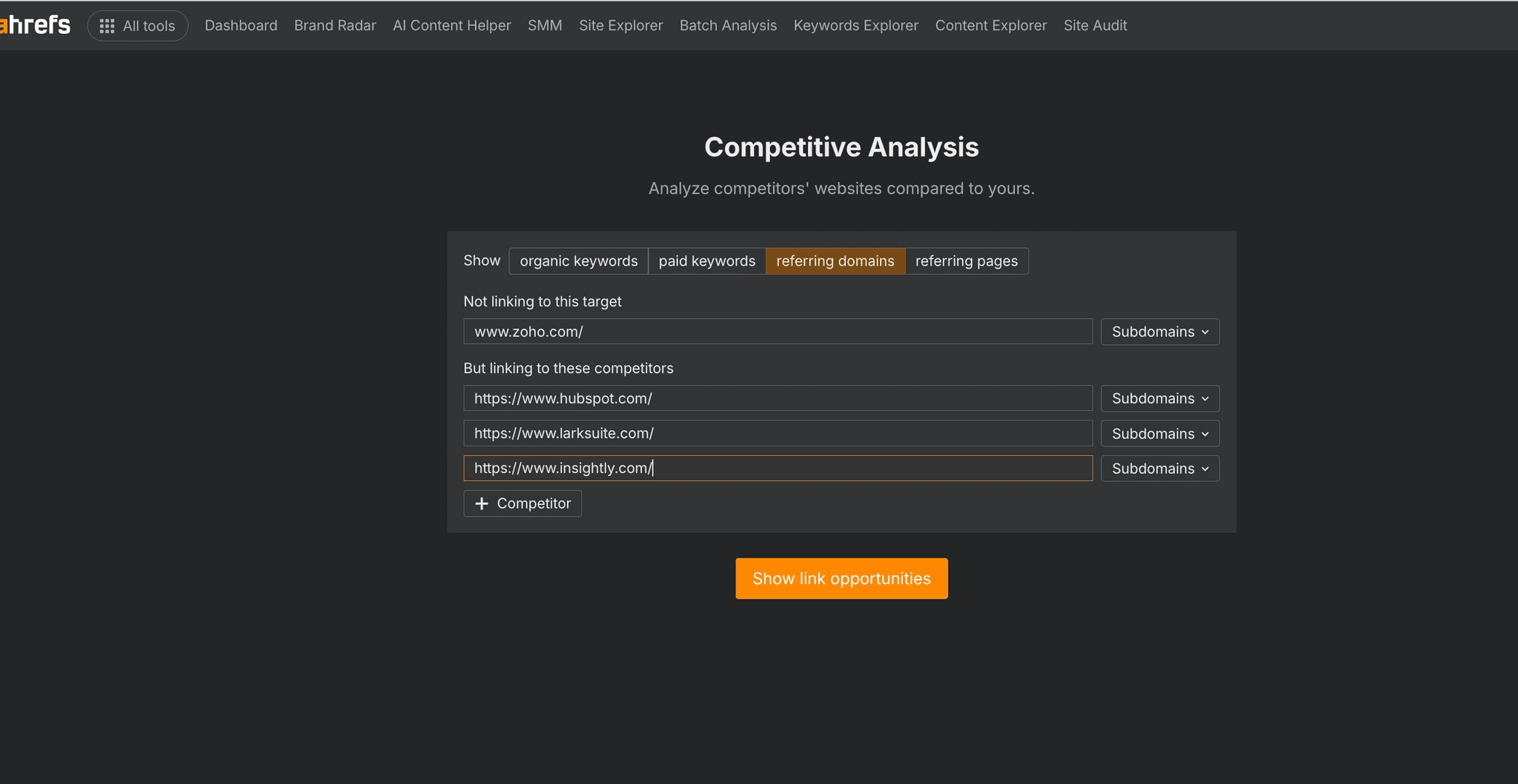 Ahrefs Link Intersect report showing domains linking to competitors but not your site