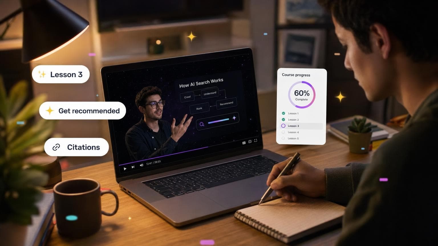 Student watching an AI SEO lesson, with floating course progress and lesson pills