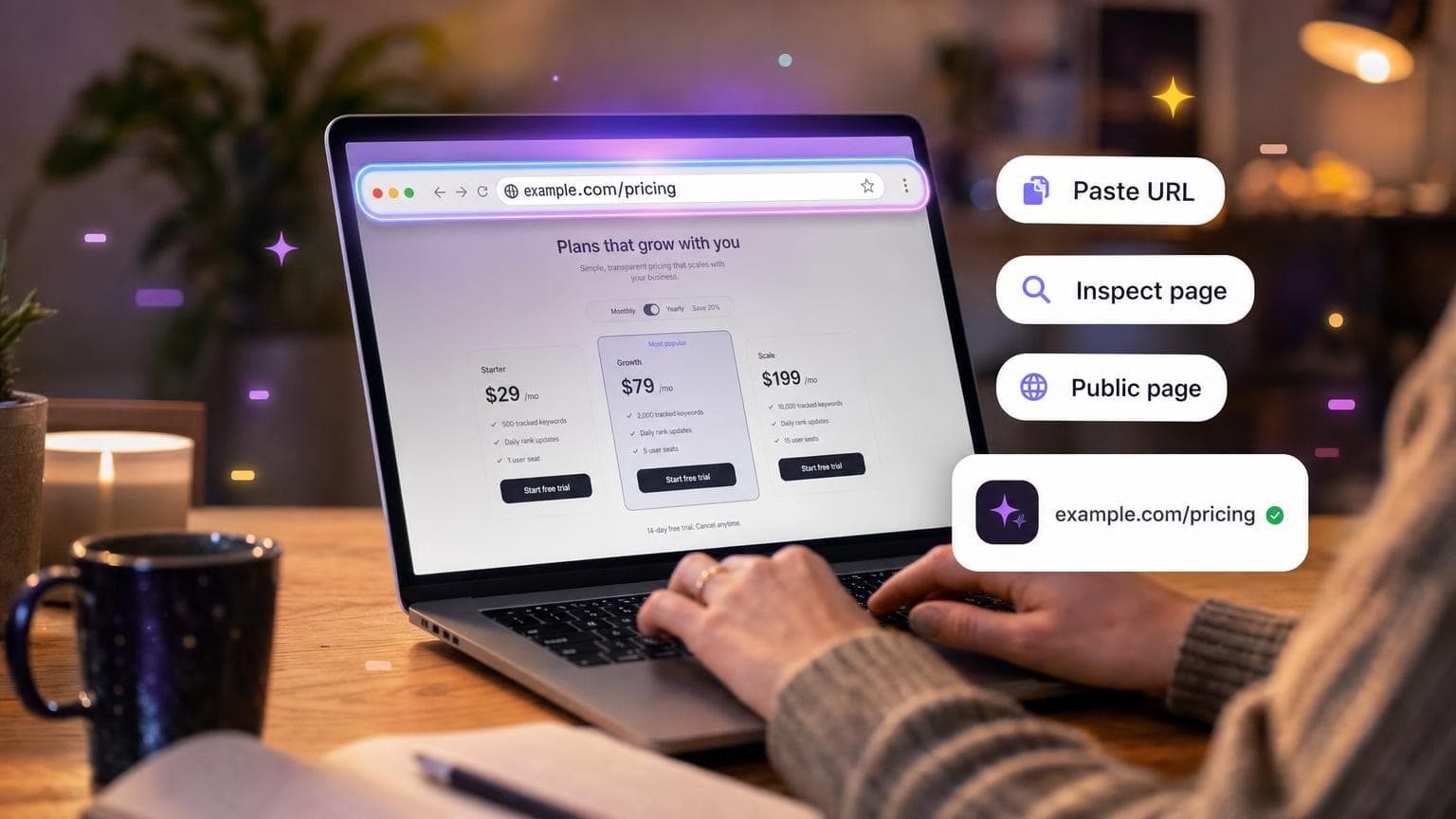 Hands on a laptop with a highlighted URL bar and floating inspect pills