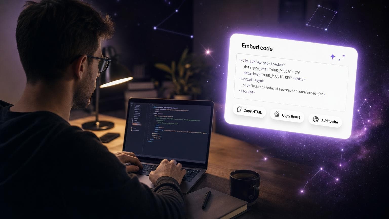 Developer copying embed code with floating HTML and React pills