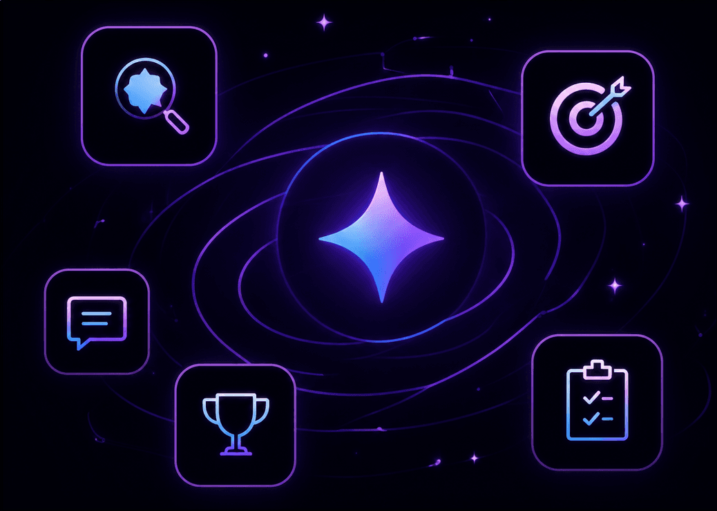 AI SEO Tracker workflow icons orbiting a central spark: audit, keywords, prompts, competitors, and action plan