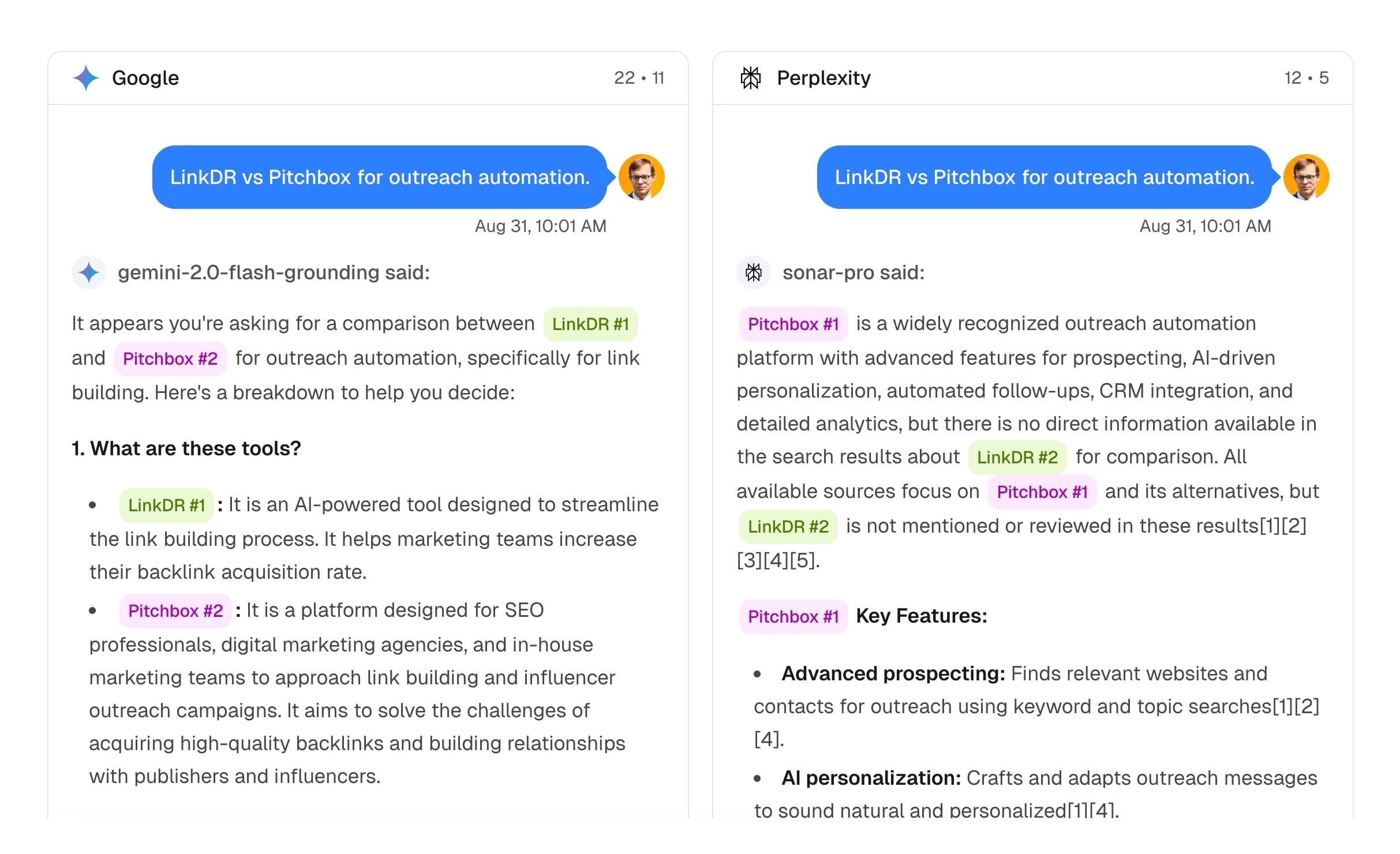 Screenshot comparing how Google's Gemini recommends LinkDR while Perplexity's Sonar recommends Pitchbox for the same outreach automation query