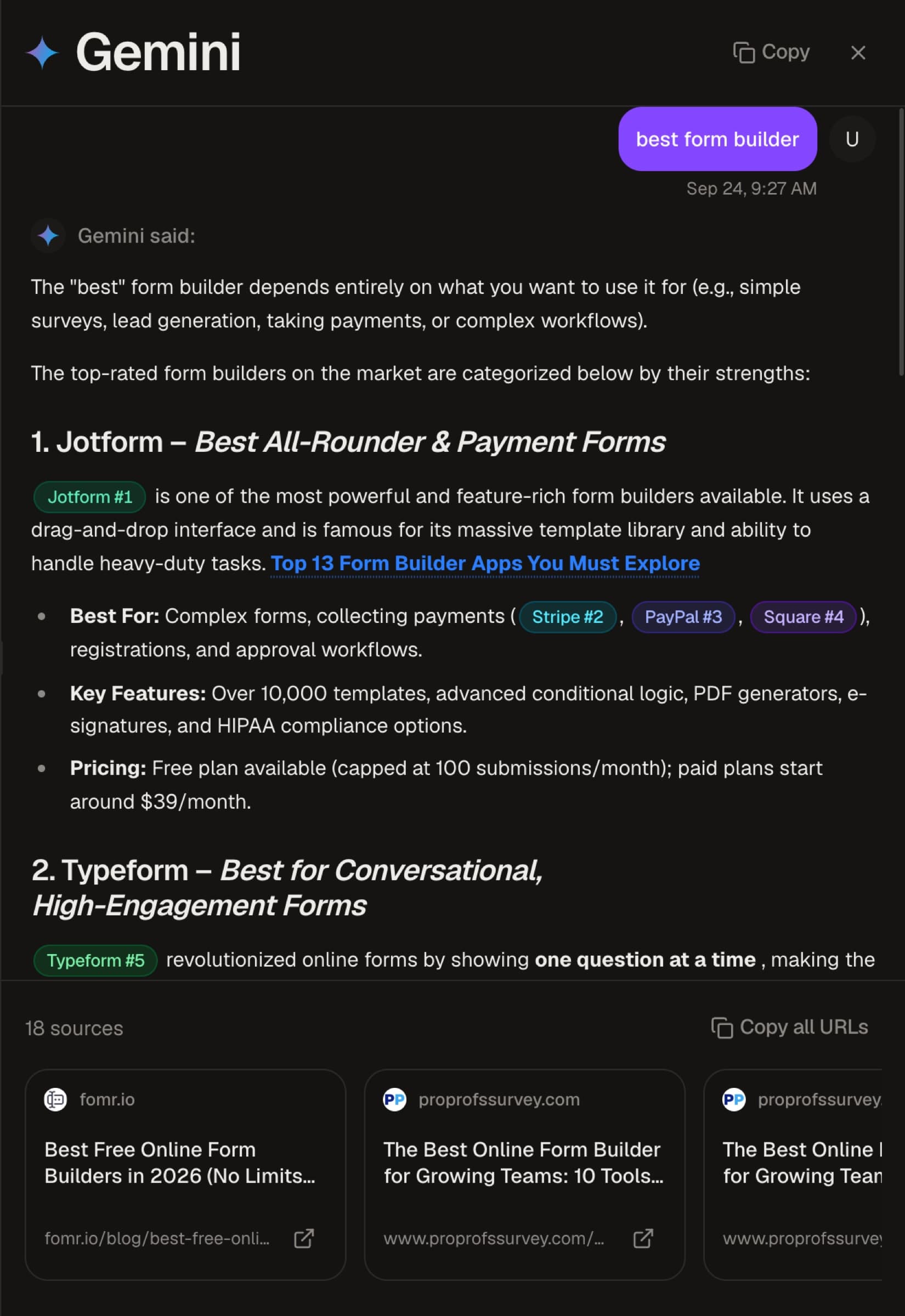 Gemini's stored answer to best form builder, with Jotform tagged #1, Stripe #2, PayPal #3 and Square #4 in its Best For line, and Typeform tagged #5.