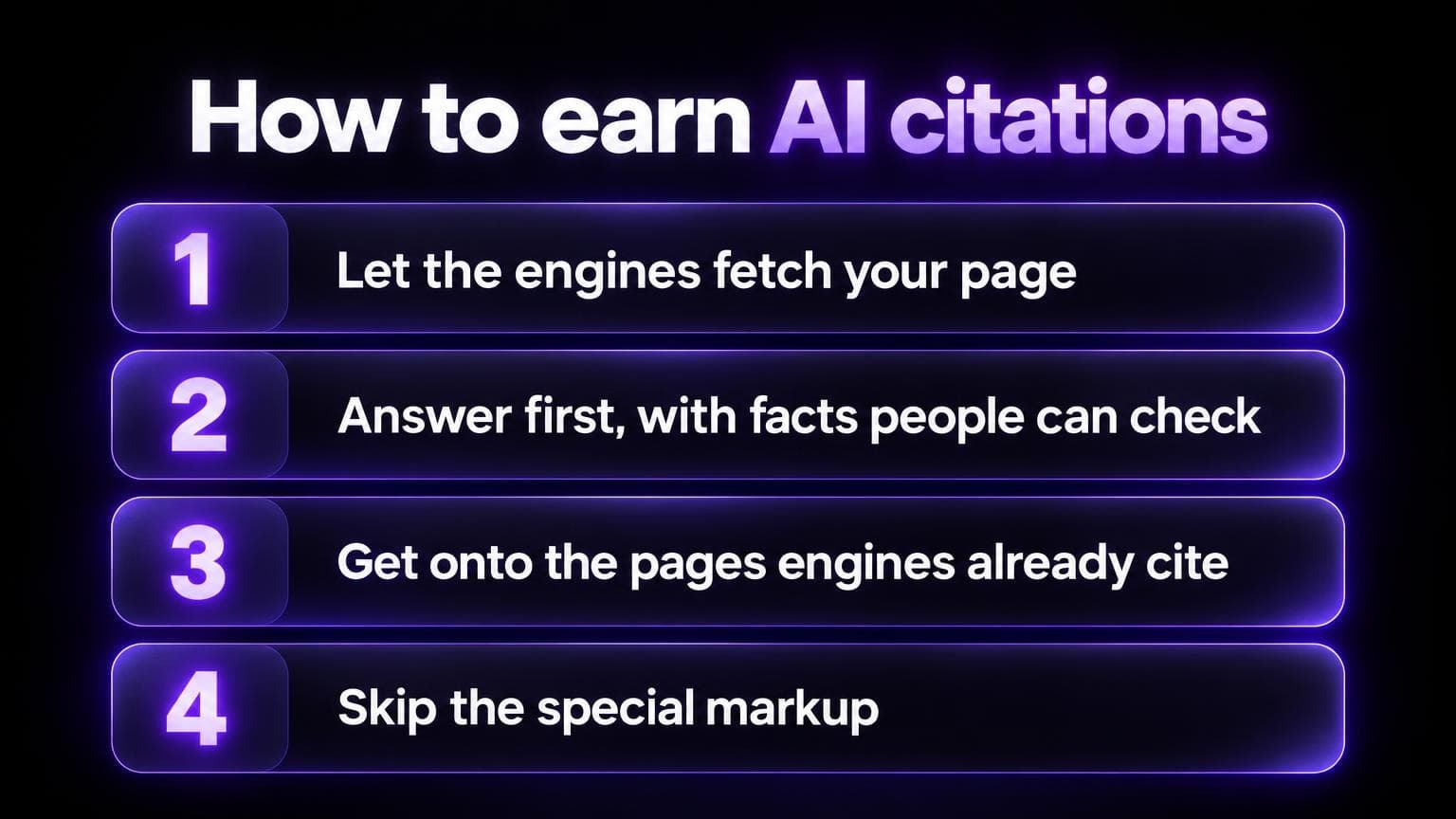 How to earn AI citations: let the engines fetch your page, answer first with facts people can check, get onto the pages engines already cite, skip the special markup