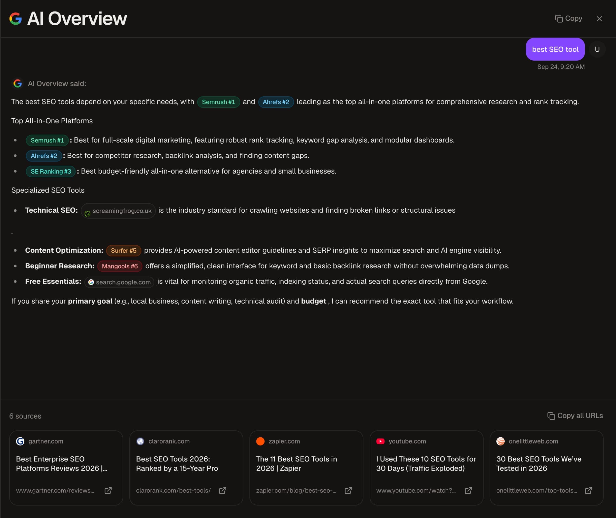 Google AI Overview stored for the query best SEO tool, with the answer text naming seven products and a row of source cards from Gartner, clarorank, Zapier, YouTube and OneLittleWeb.