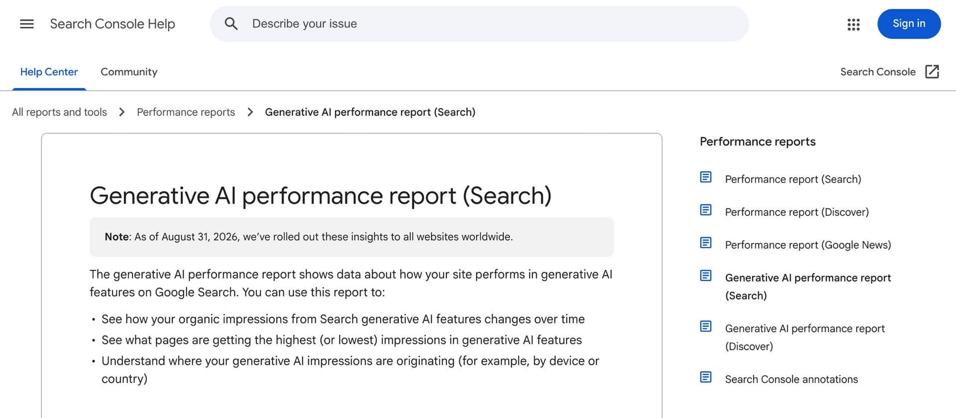 Google Search Console help page for the generative AI performance report