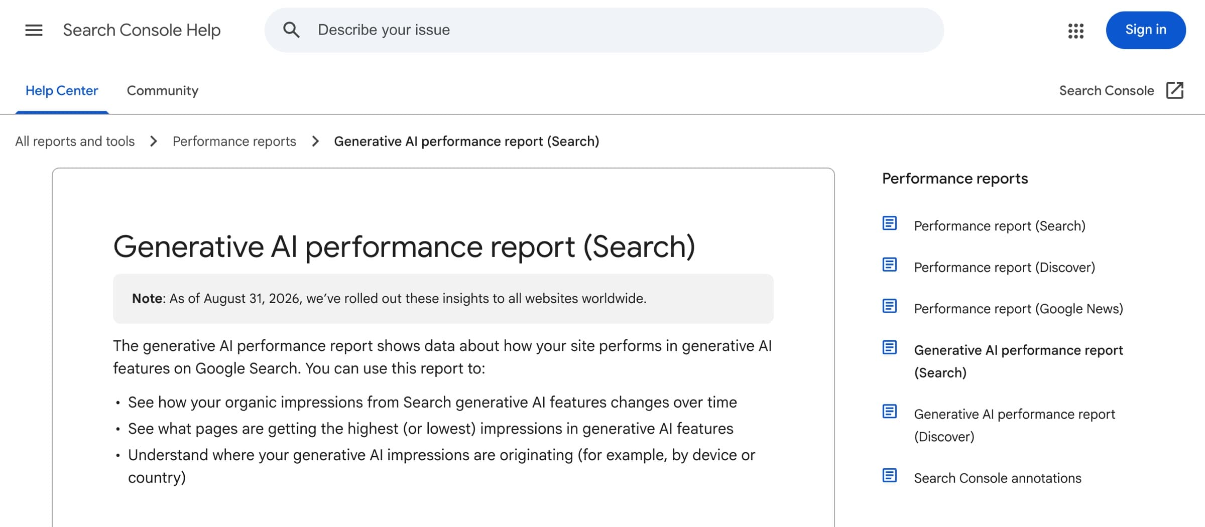 Top of Google's Search Console Help page titled Generative AI performance report (Search), with a note that the insights are rolled out to all websites worldwide as of August 31, 2026.