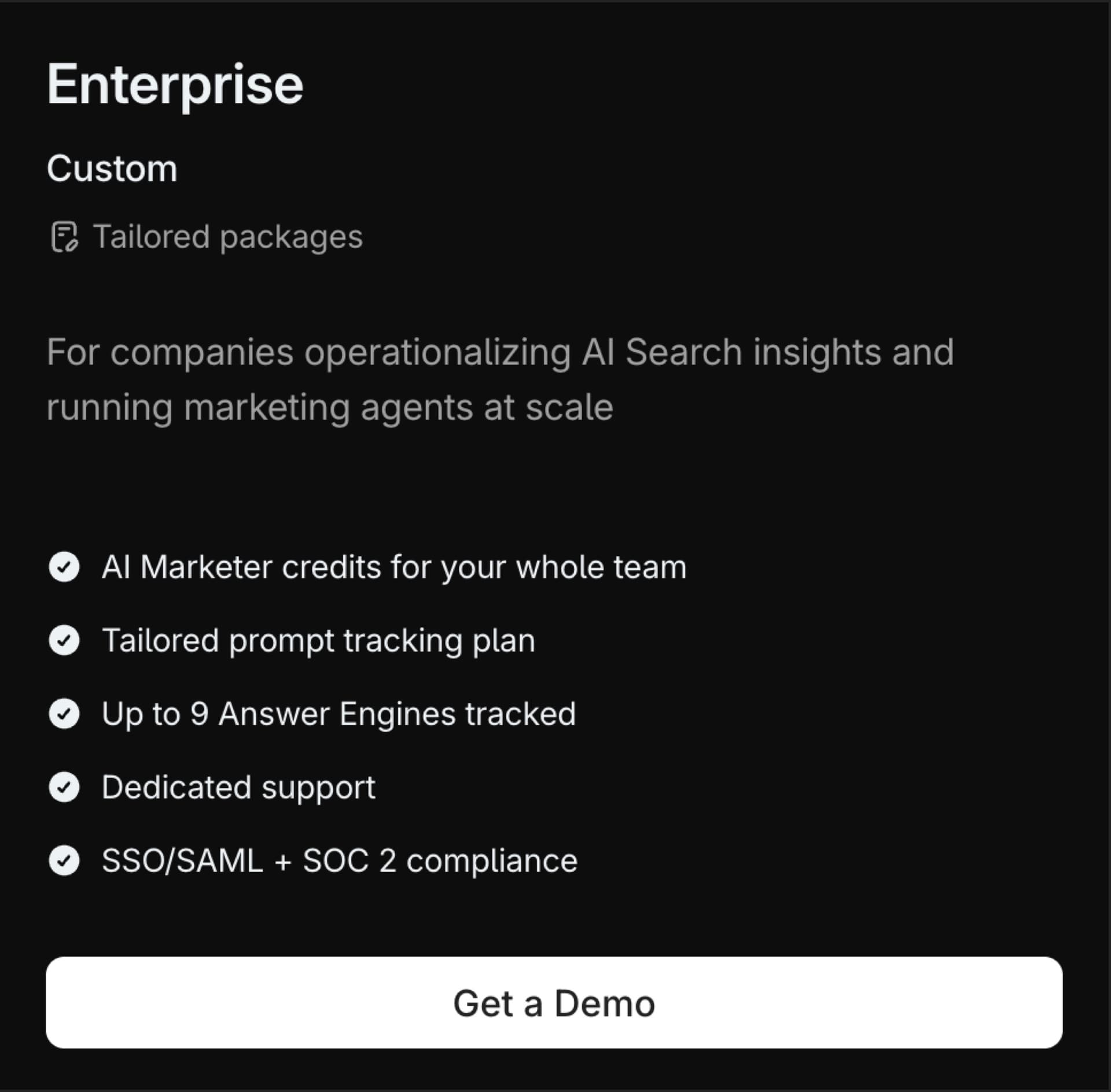 Profound pricing page Enterprise plan: custom price, tailored prompt tracking, up to 9 answer engines tracked.