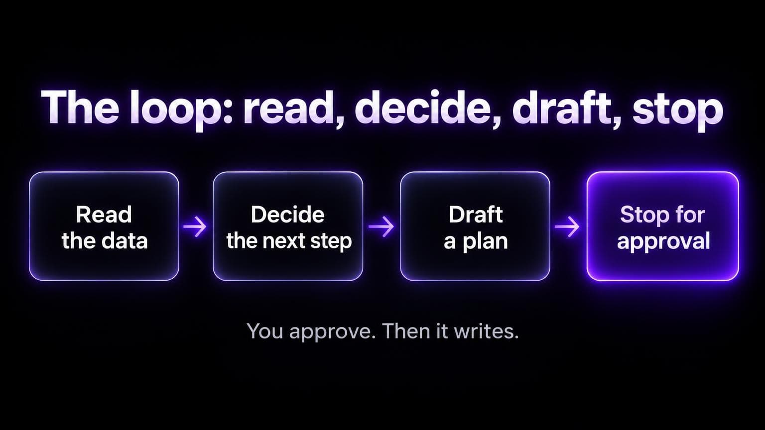 The loop: read the data, decide the next step, draft a plan, stop for approval. You approve, then it writes