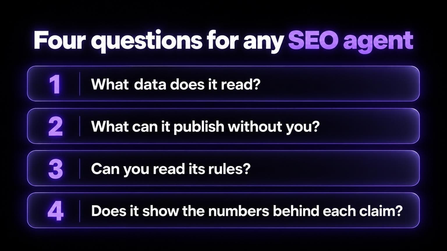 Four questions for any SEO agent: what data does it read, what can it publish without you, can you read its rules, does it show the numbers behind each claim
