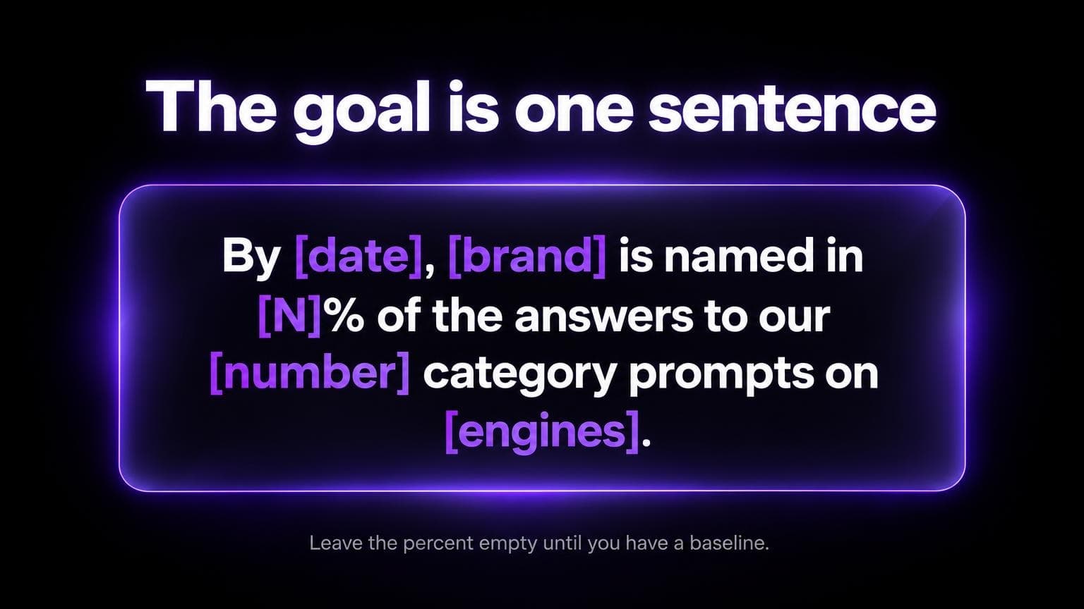 The goal is one sentence: By date, brand is named in N percent of the answers to our number category prompts on engines. Leave the percent empty until you have a baseline