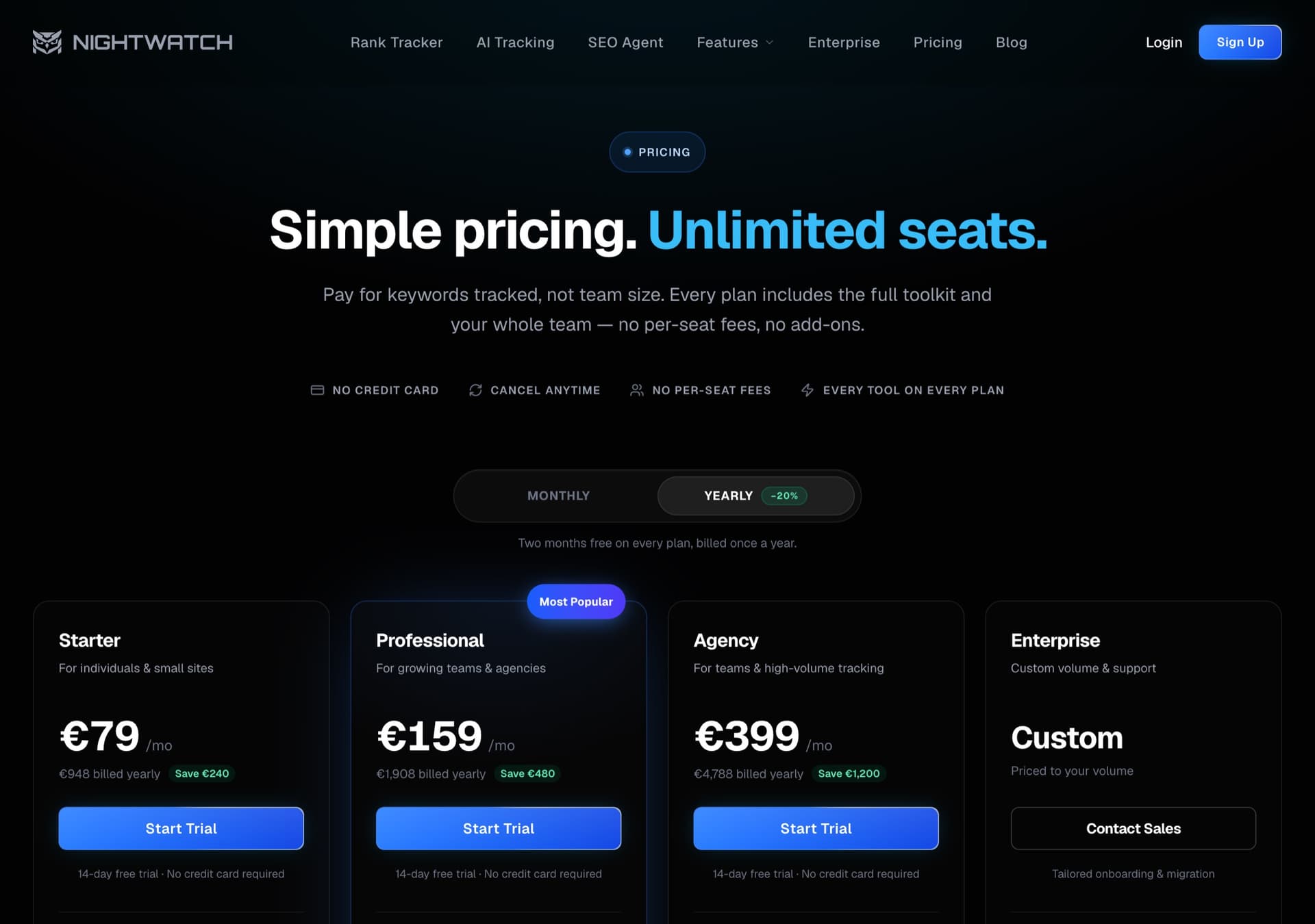 Nightwatch pricing page with the headline Simple pricing, unlimited seats: Starter 79 euros, Professional 159 euros and Agency 399 euros a month billed yearly