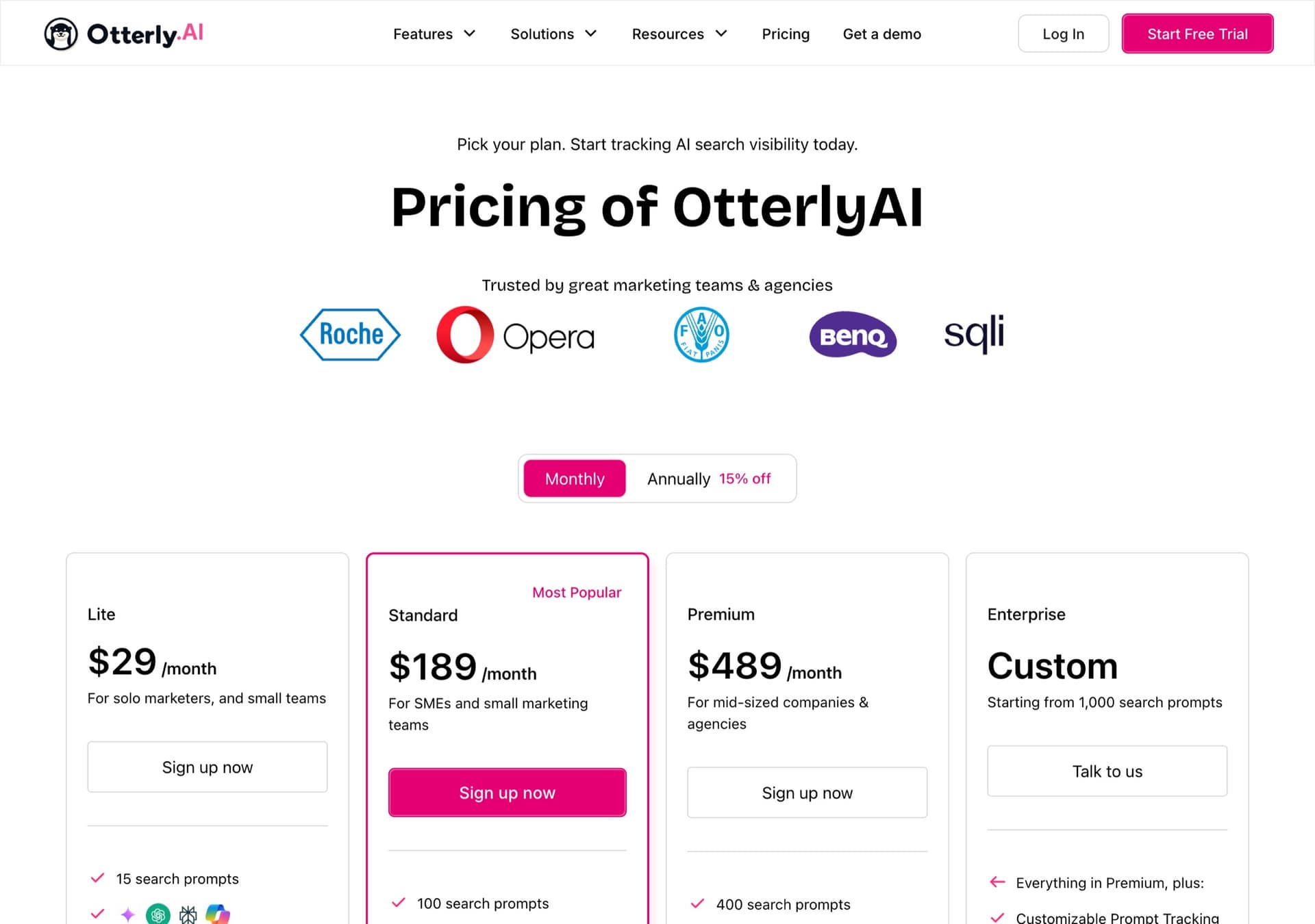 OtterlyAI pricing page: Lite $29 a month, Standard $189 a month, Premium $489 a month and a custom Enterprise plan