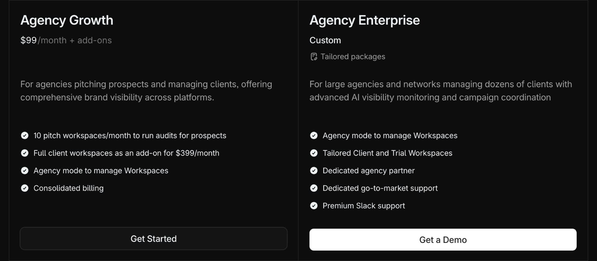Profound For agencies tab: Agency Growth at $99 a month plus add-ons, 10 pitch workspaces a month, client workspaces as a $399 a month add-on