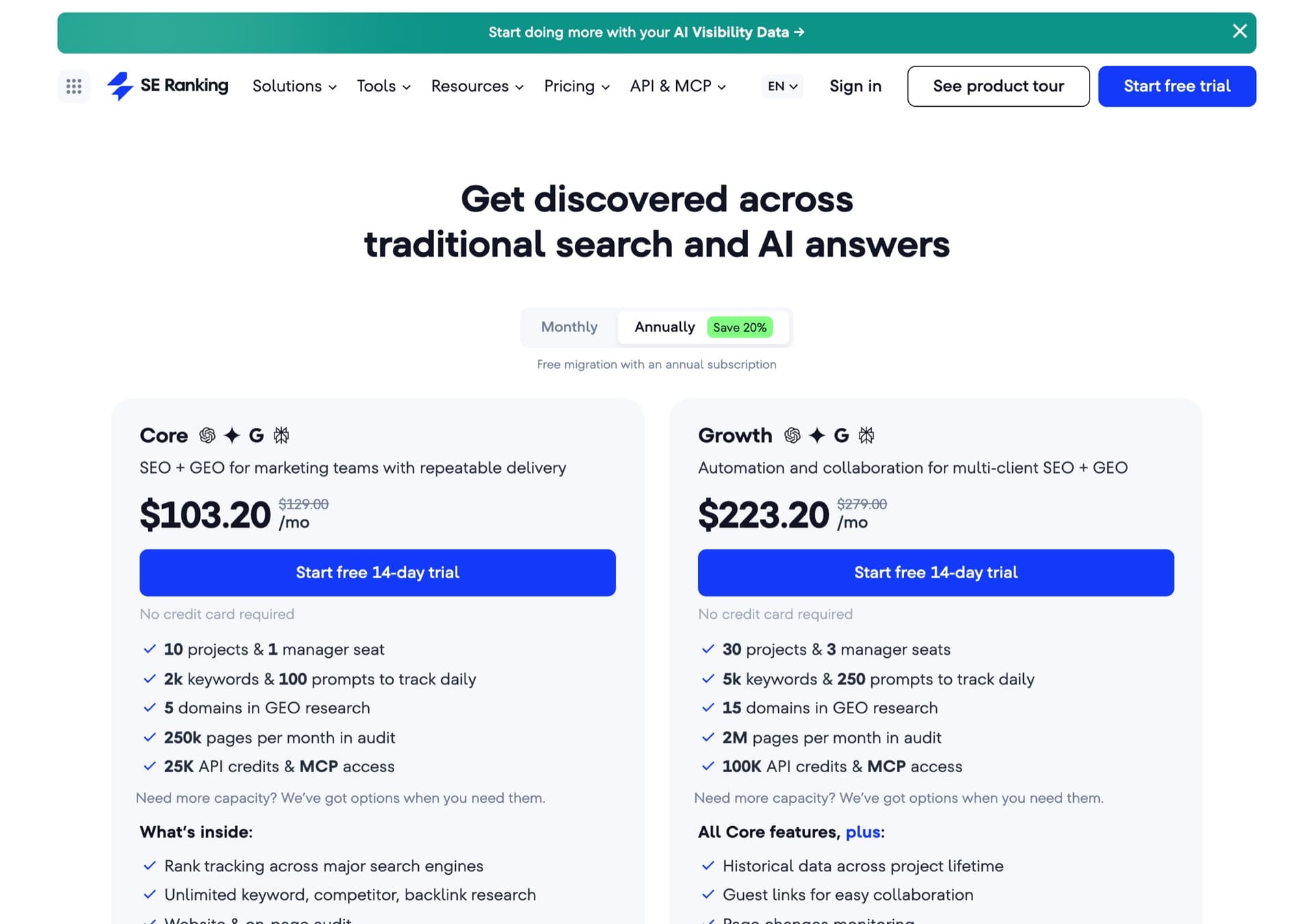 SE Ranking subscription page: Core at $103.20 a month and Growth at $223.20 a month on annual billing, with projects, manager seats, keywords and prompts per plan