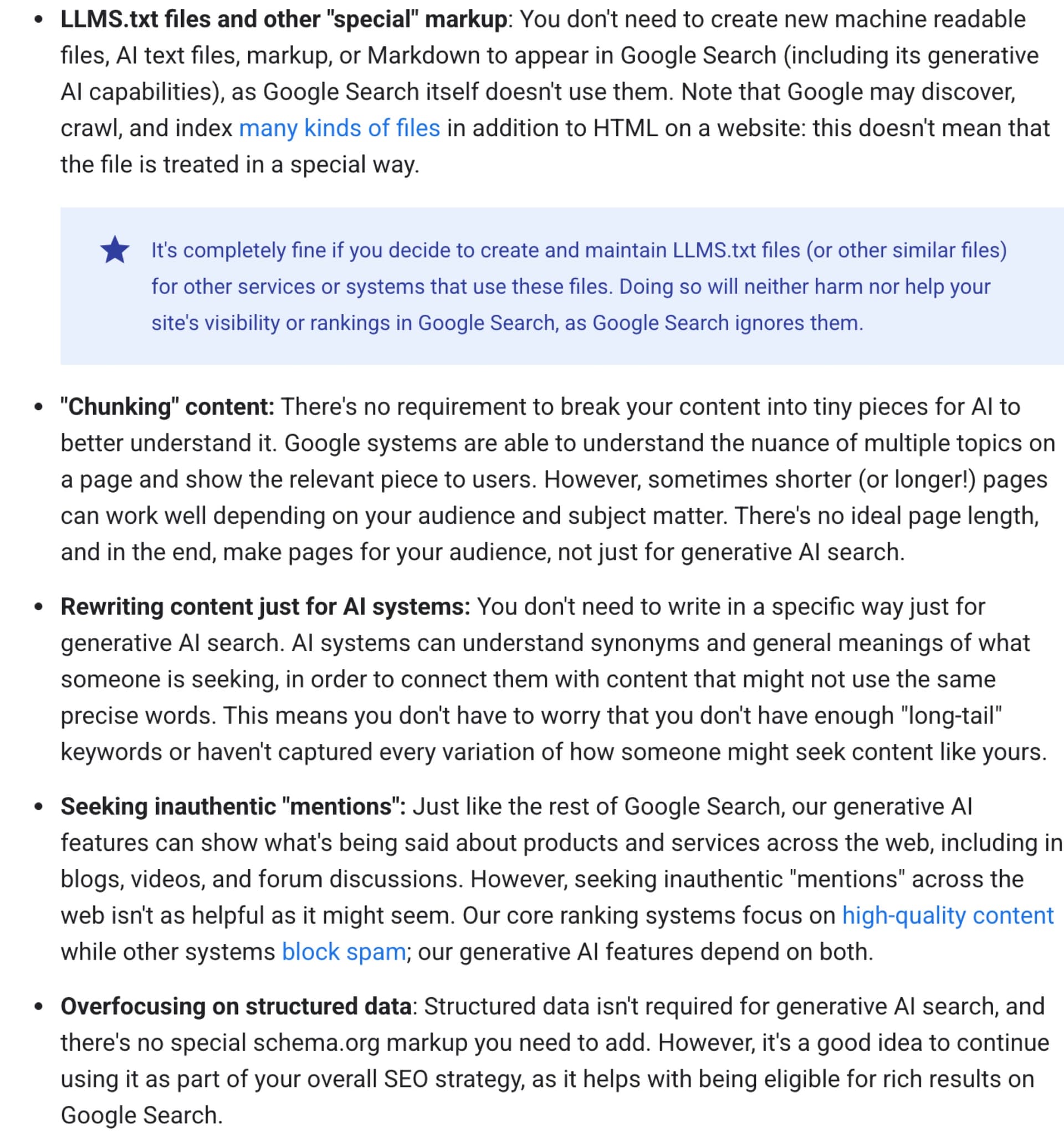 Google Search Central list of what you do not need to do for generative AI search: llms.txt, chunking, rewriting for AI, inauthentic mentions, overfocusing on structured data