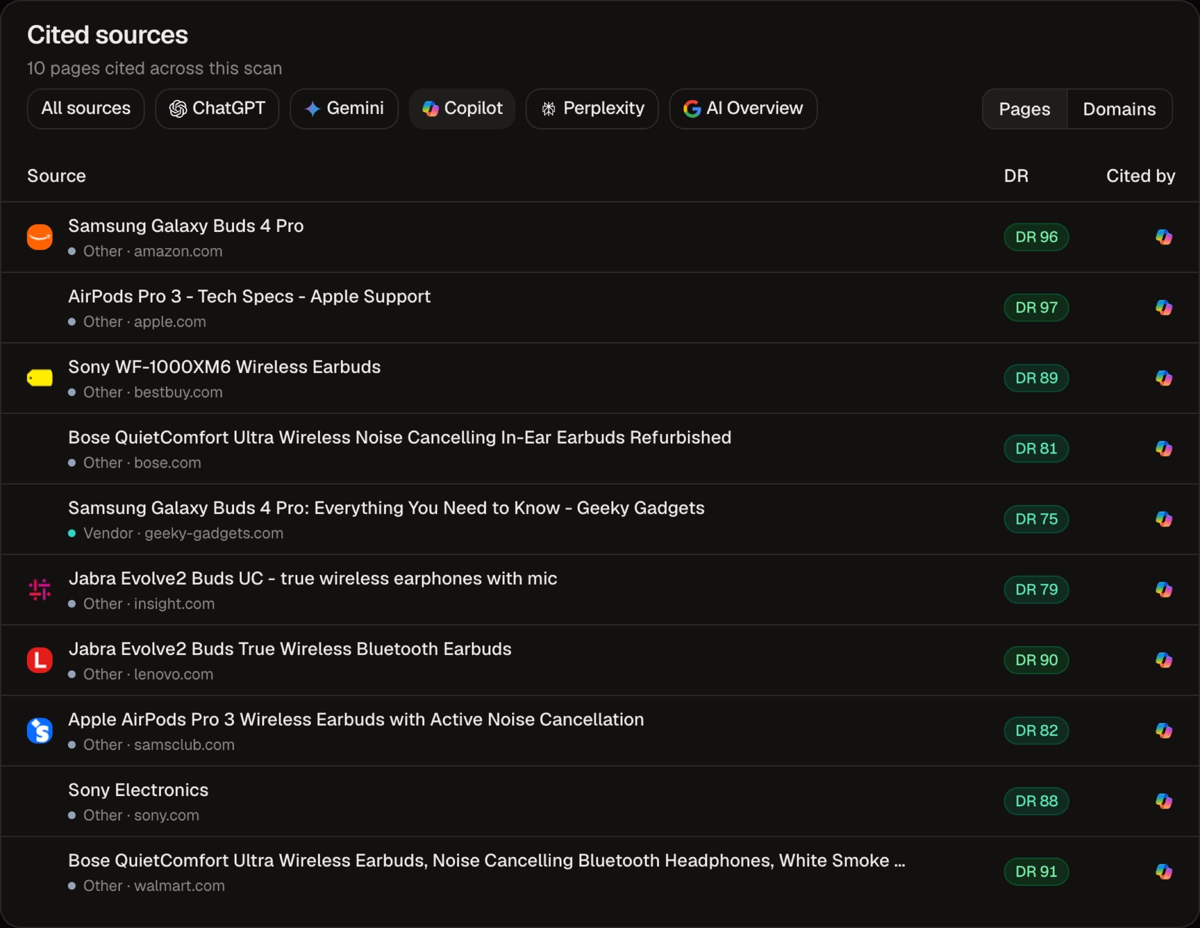 Sources Copilot cited for Best Earbuds: ten pages, nine of them store or maker product pages.