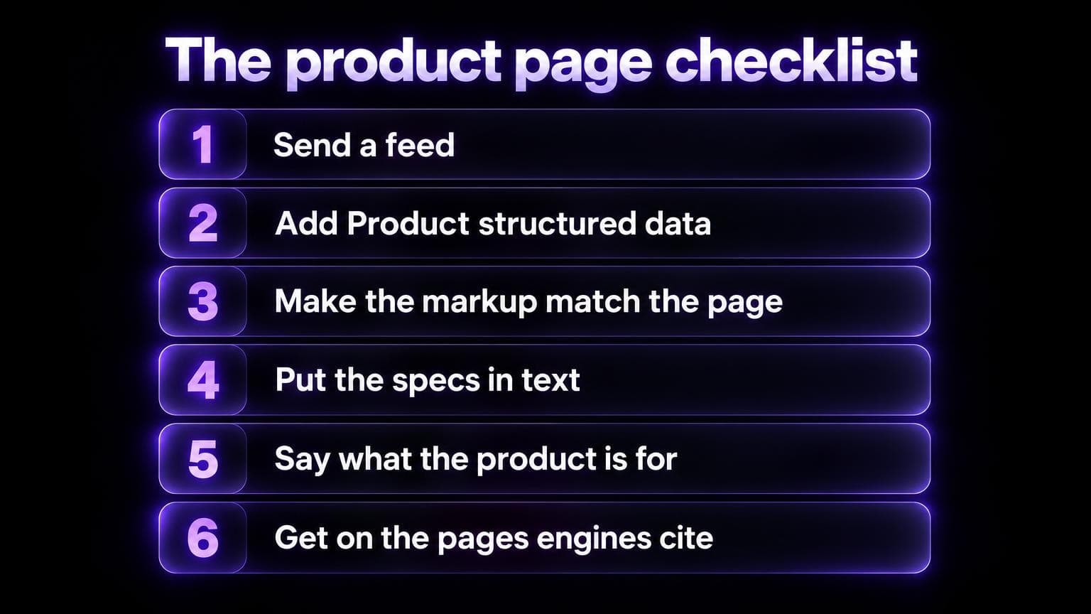 The product page checklist: send a feed, add Product structured data, make the markup match the page, put the specs in text, say what the product is for, get on the pages engines cite