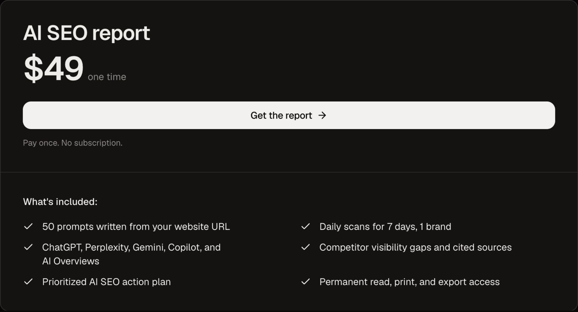 AI SEO Tracker AI SEO report card at $49 one time, listing 50 prompts, five engines and daily scans for 7 days