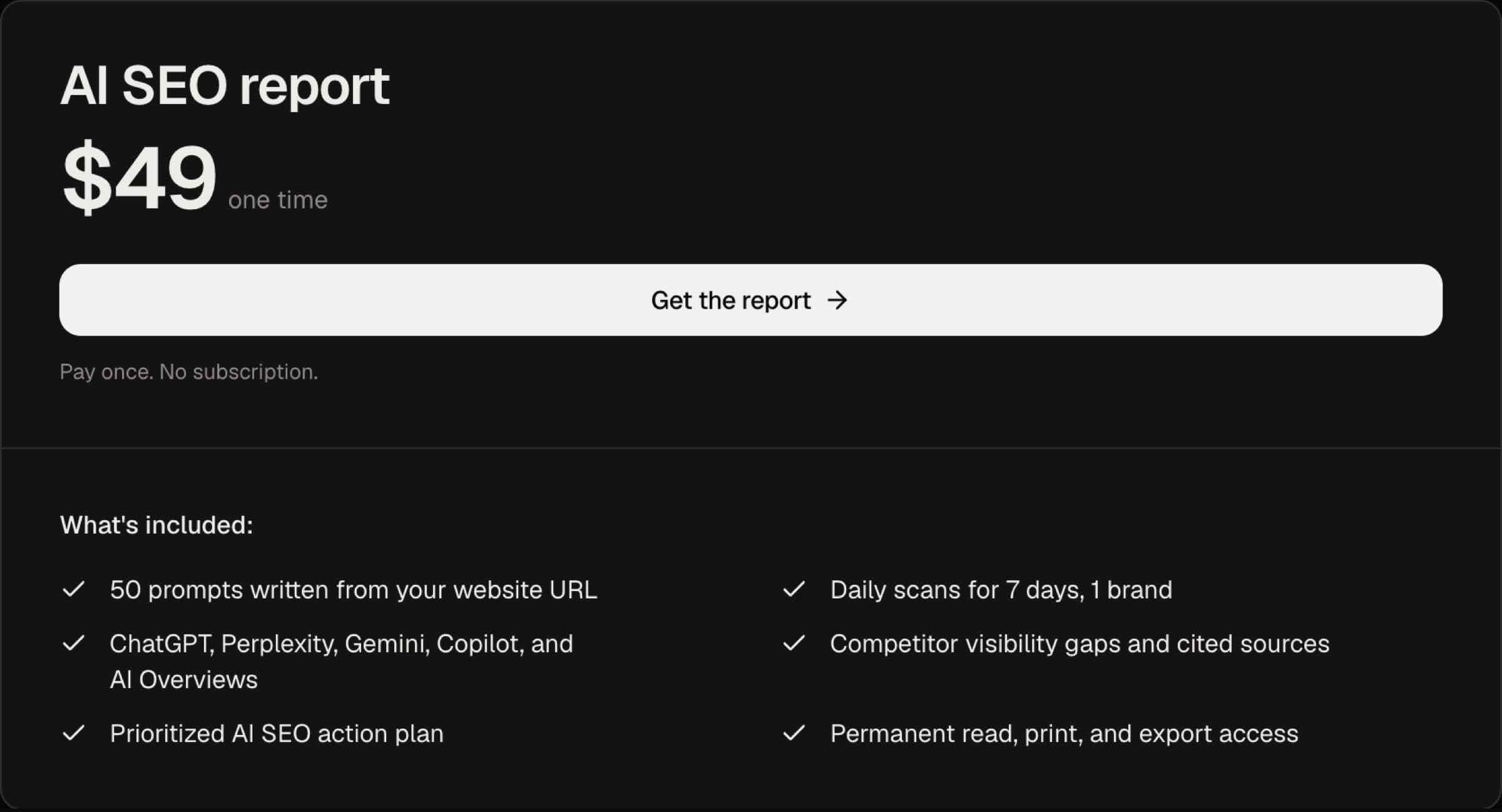 AI SEO Tracker AI SEO report card at $49 one time, listing 50 prompts, five engines and daily scans for 7 days