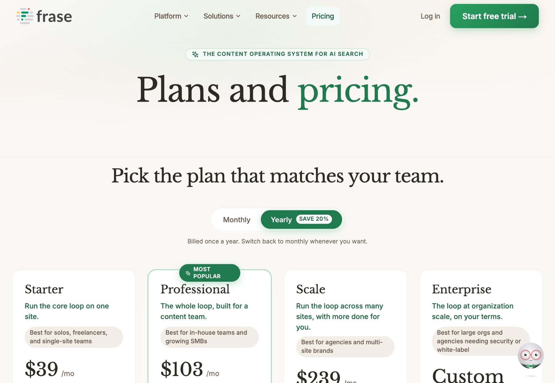 Frase pricing page with Starter, Professional and Scale plans