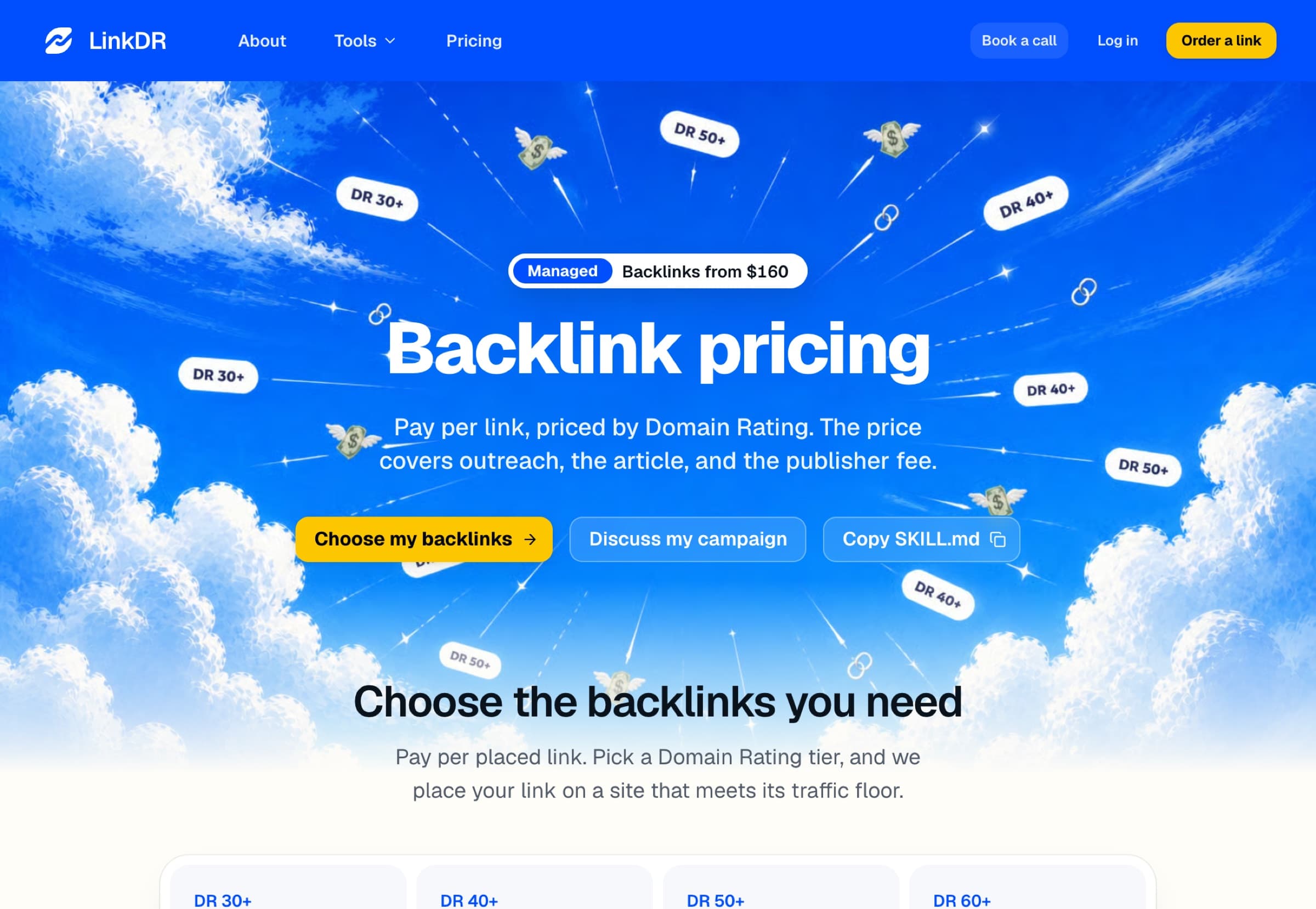 LinkDR pricing page with backlink prices by Domain Rating from $160