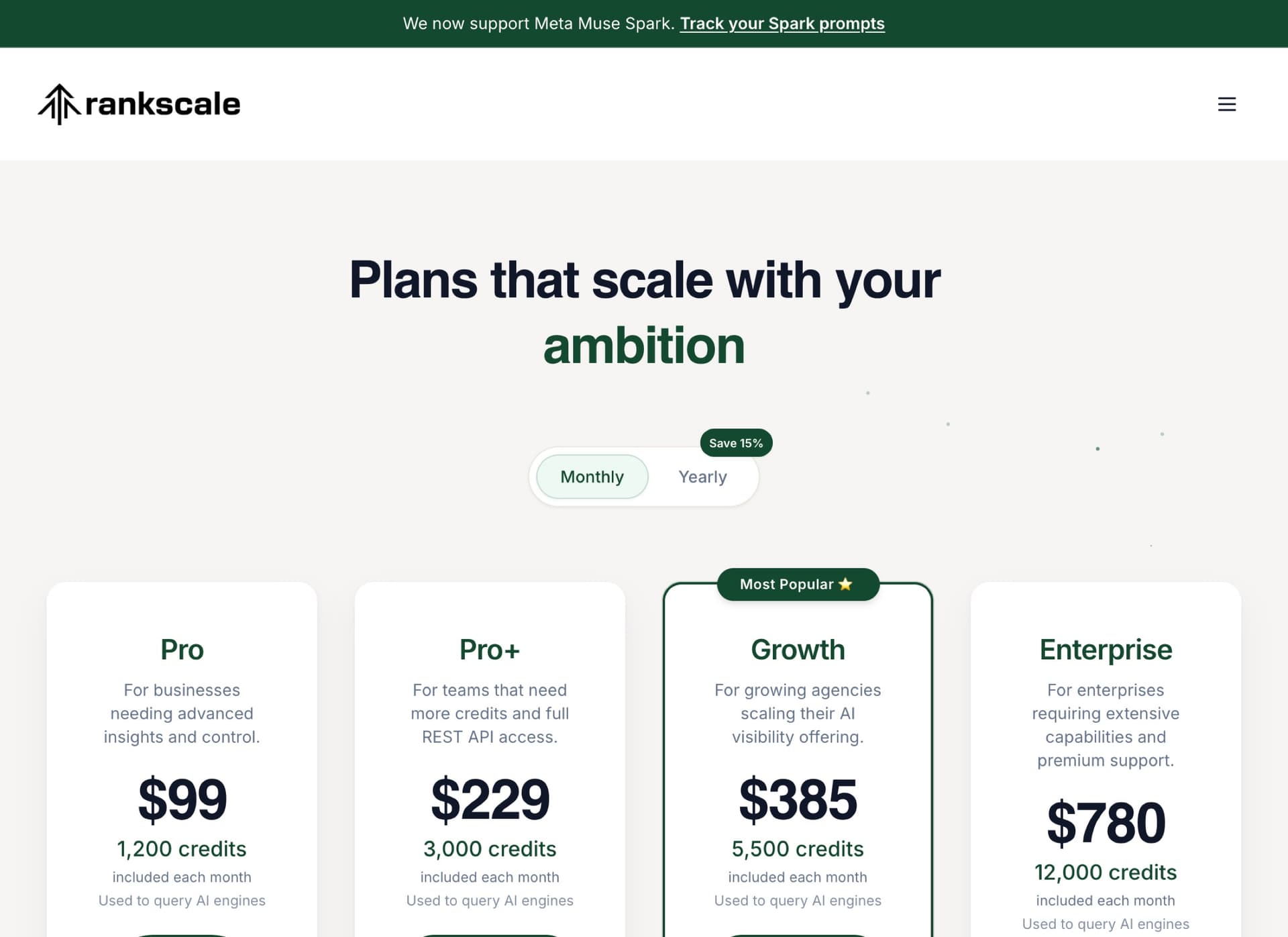 Rankscale pricing page with four monthly plans: Pro $99 for 1,200 credits, Pro+ $229 for 3,000, Growth $385 for 5,500, Enterprise $780 for 12,000