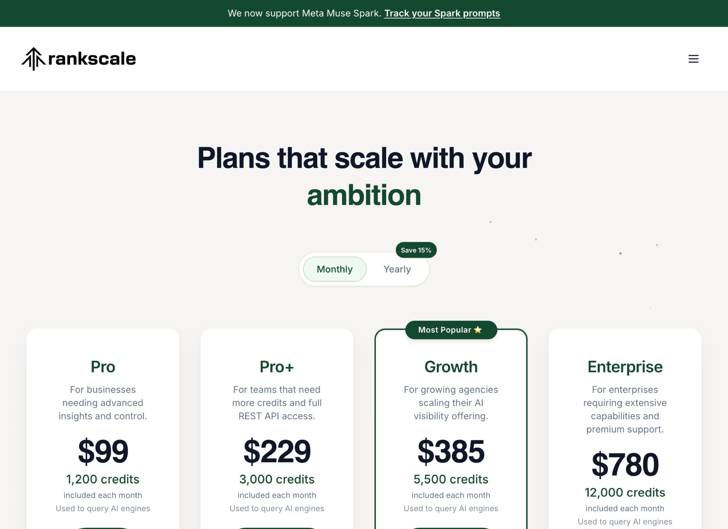 Rankscale pricing page with four monthly plans: Pro $99 for 1,200 credits, Pro+ $229 for 3,000, Growth $385 for 5,500, Enterprise $780 for 12,000